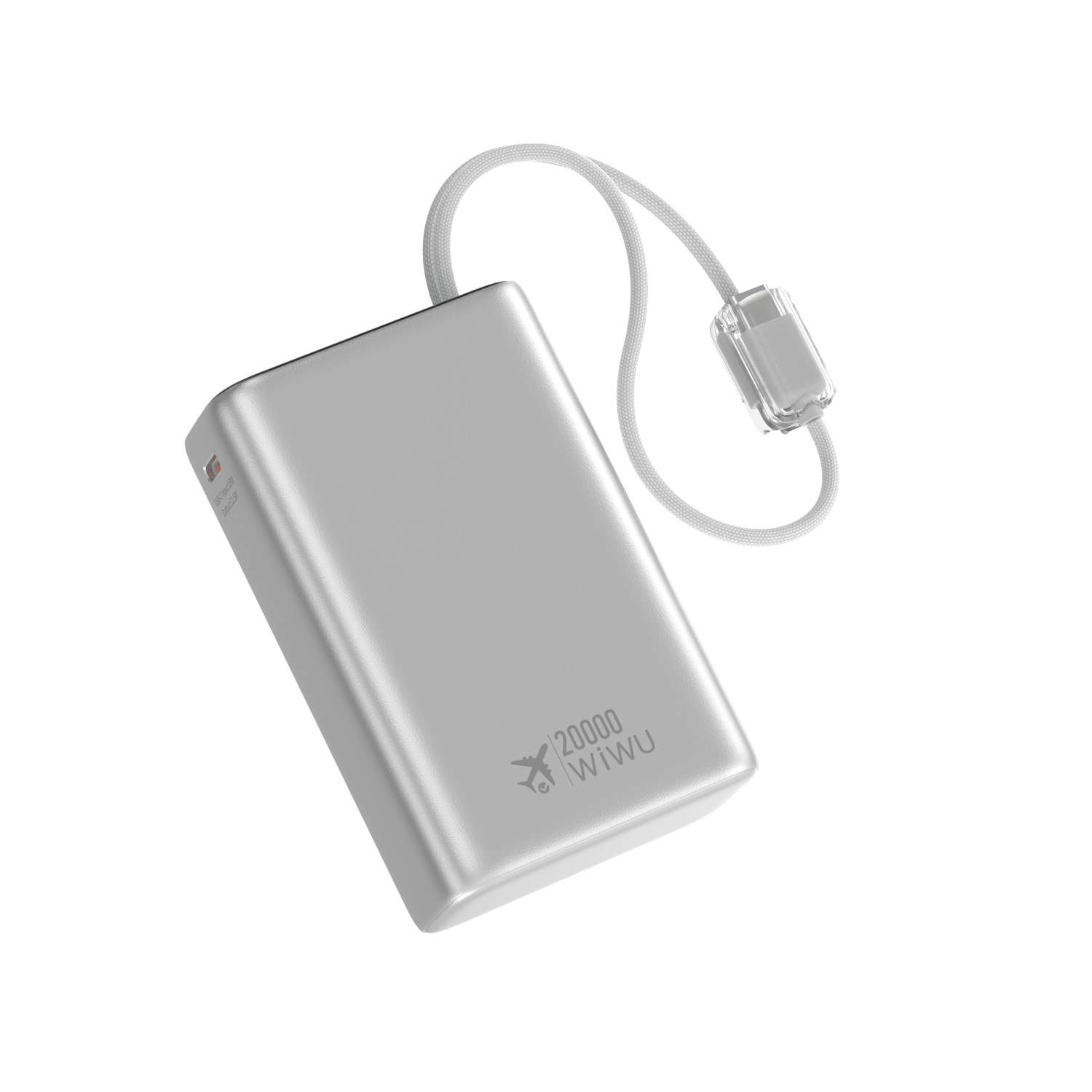WiWU hliníková powerbanka s integrovanými kabely USB-C a Lightning Wi-P092 20000mAh stříbrná