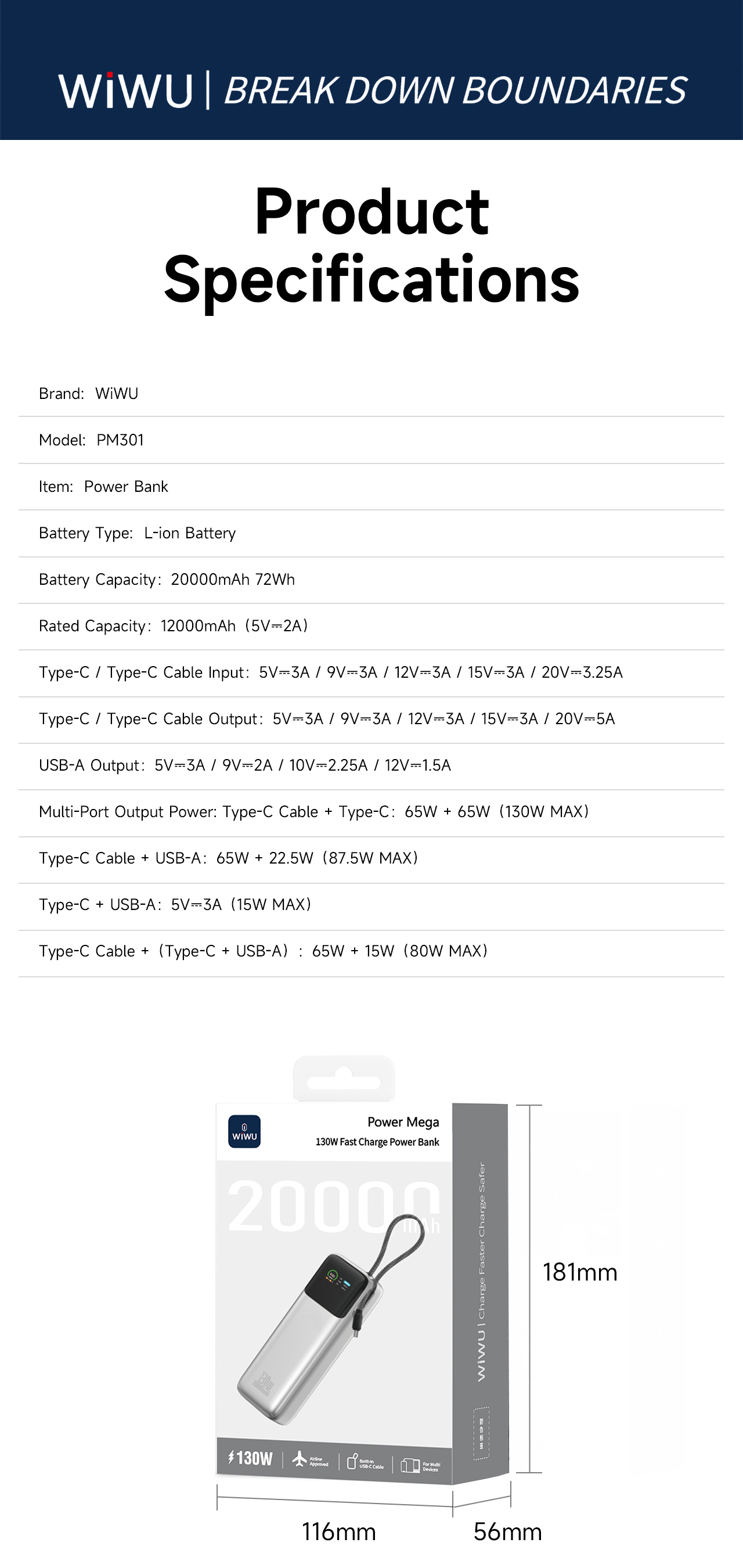 WiWU rychlá powerbanka pro notebooky Power Mega PM301 20000mAh 130W s displejem stříbrná