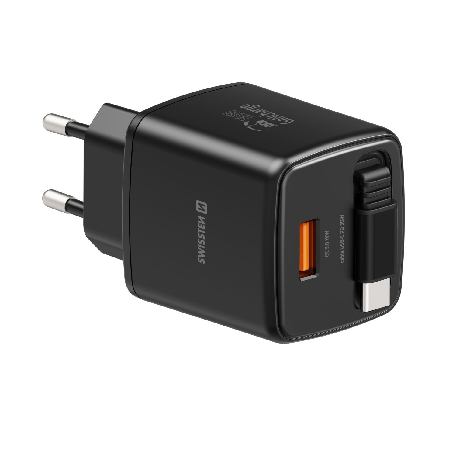 SWISSTEN Síťová nabíječka SlideCharge GaN 30W + USB-A 18W se zatahovacím USB-C kabelem 0,75m černá