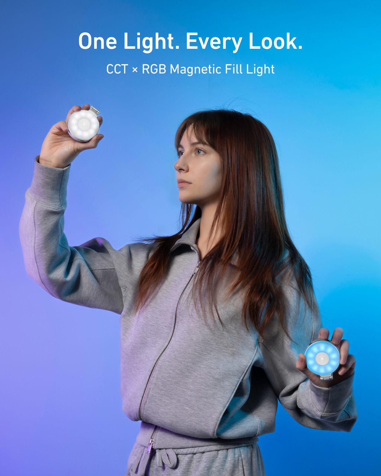 Telesin P5-BGD-18 - magnetická RGB LED lampa s MagSafe s teleskopickým držákem a zrcátkem stříbrná