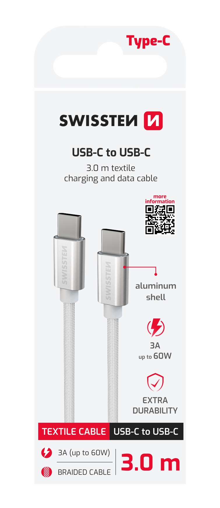 SWISSTEN Textilní datový kabel USB-C / USB-C 3m stříbrný
