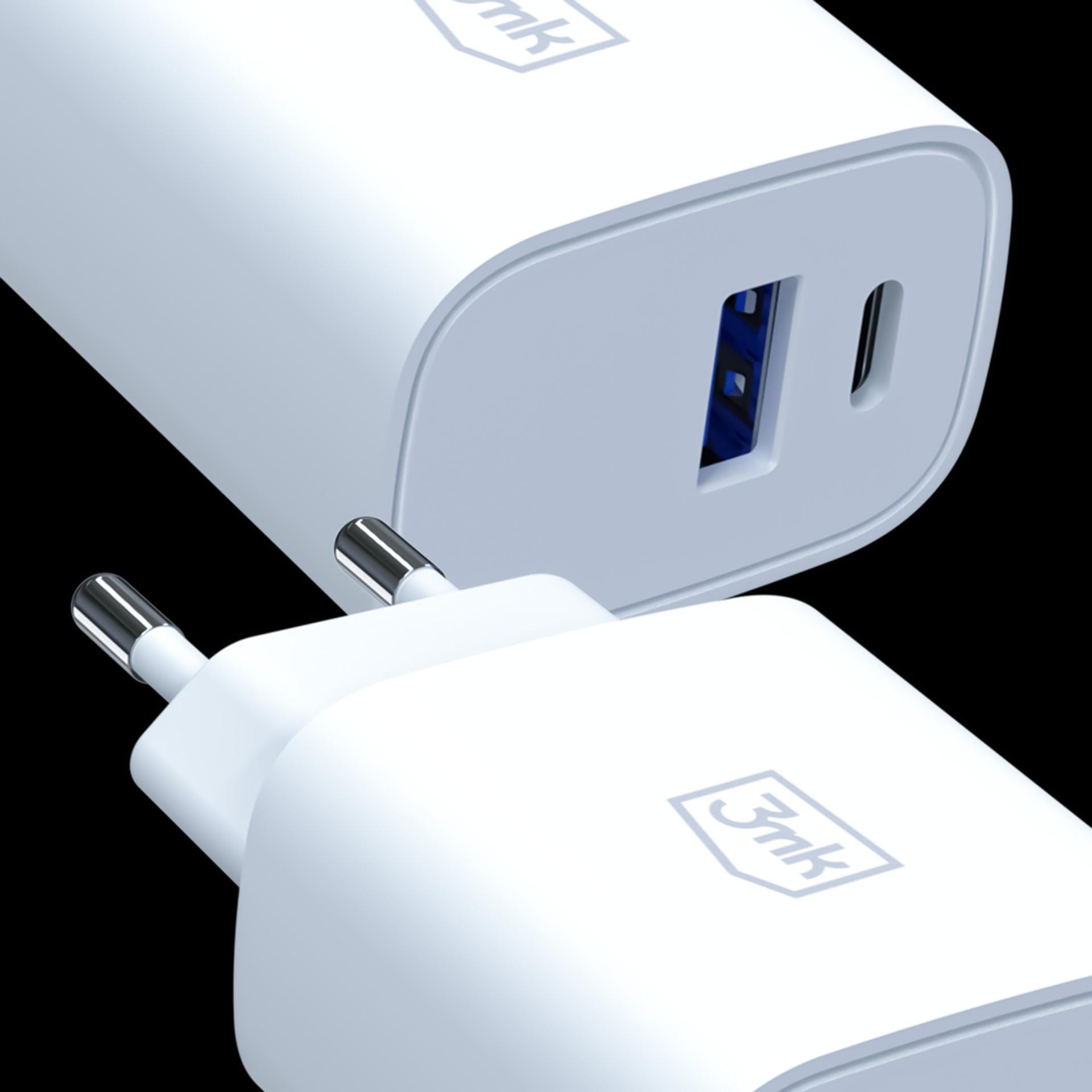 3mk FlowPower PD 30W – síťová nabíječka GaN 30 W USB-C PD 3.0 + USB-A QC 4.0 bílá