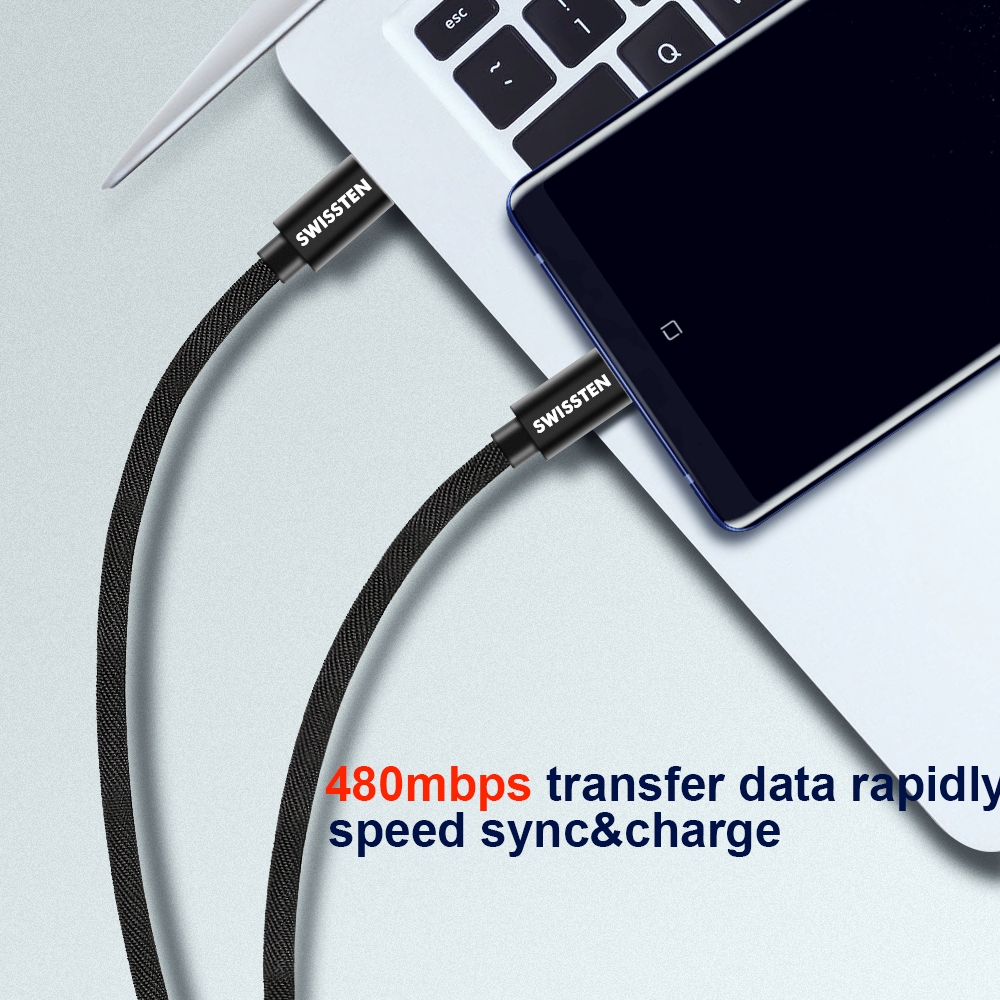SWISSTEN Textilní datový kabel USB-C / USB-C 3m stříbrný