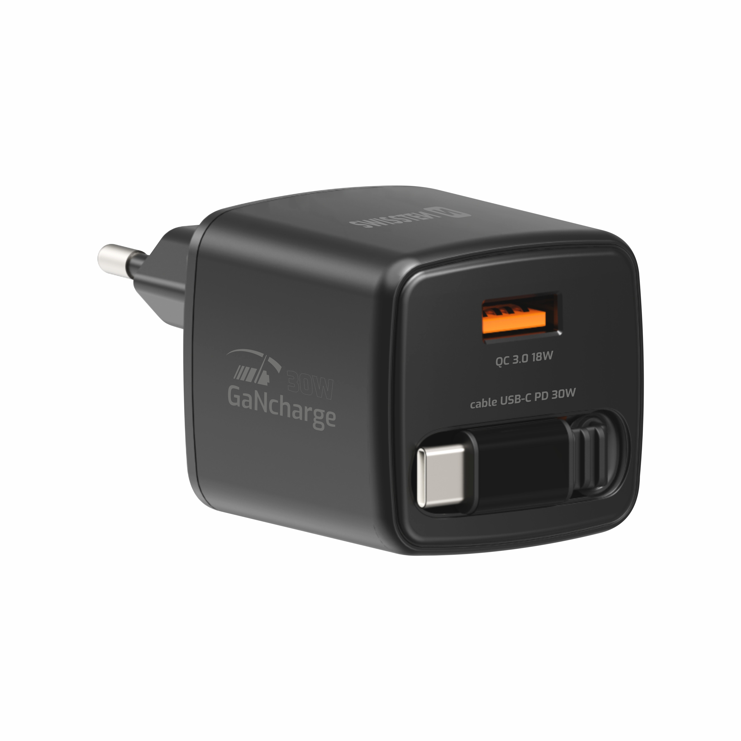 SWISSTEN Síťová nabíječka SlideCharge GaN 30W + USB-A 18W se zatahovacím USB-C kabelem 0,75m černá