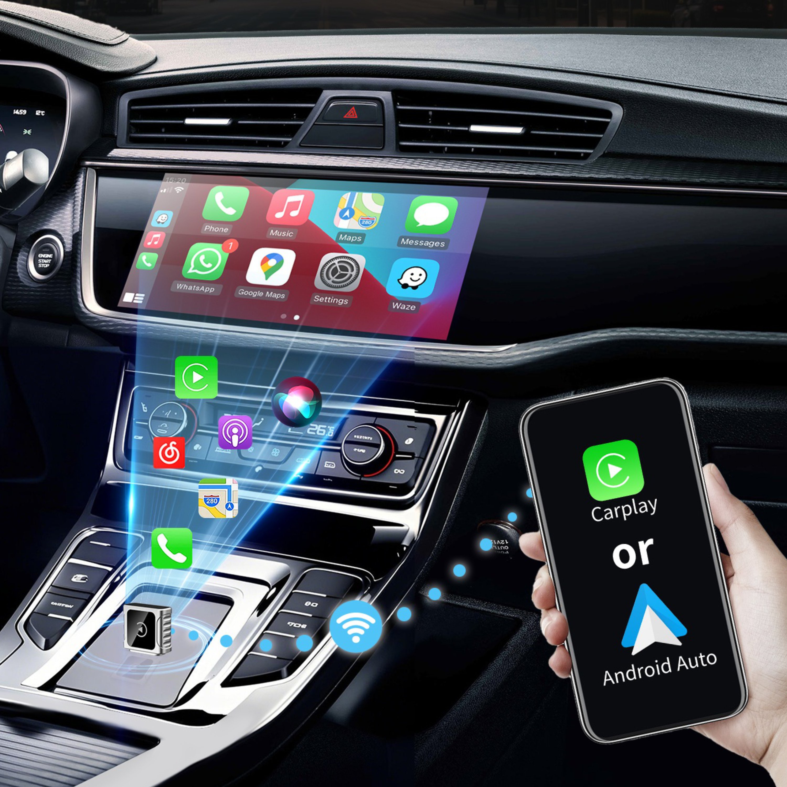 SWISSTEN CarLink adaptér pro bezdrátový Apple CarPlay a Android Auto + USB-A / USB-C adaptér