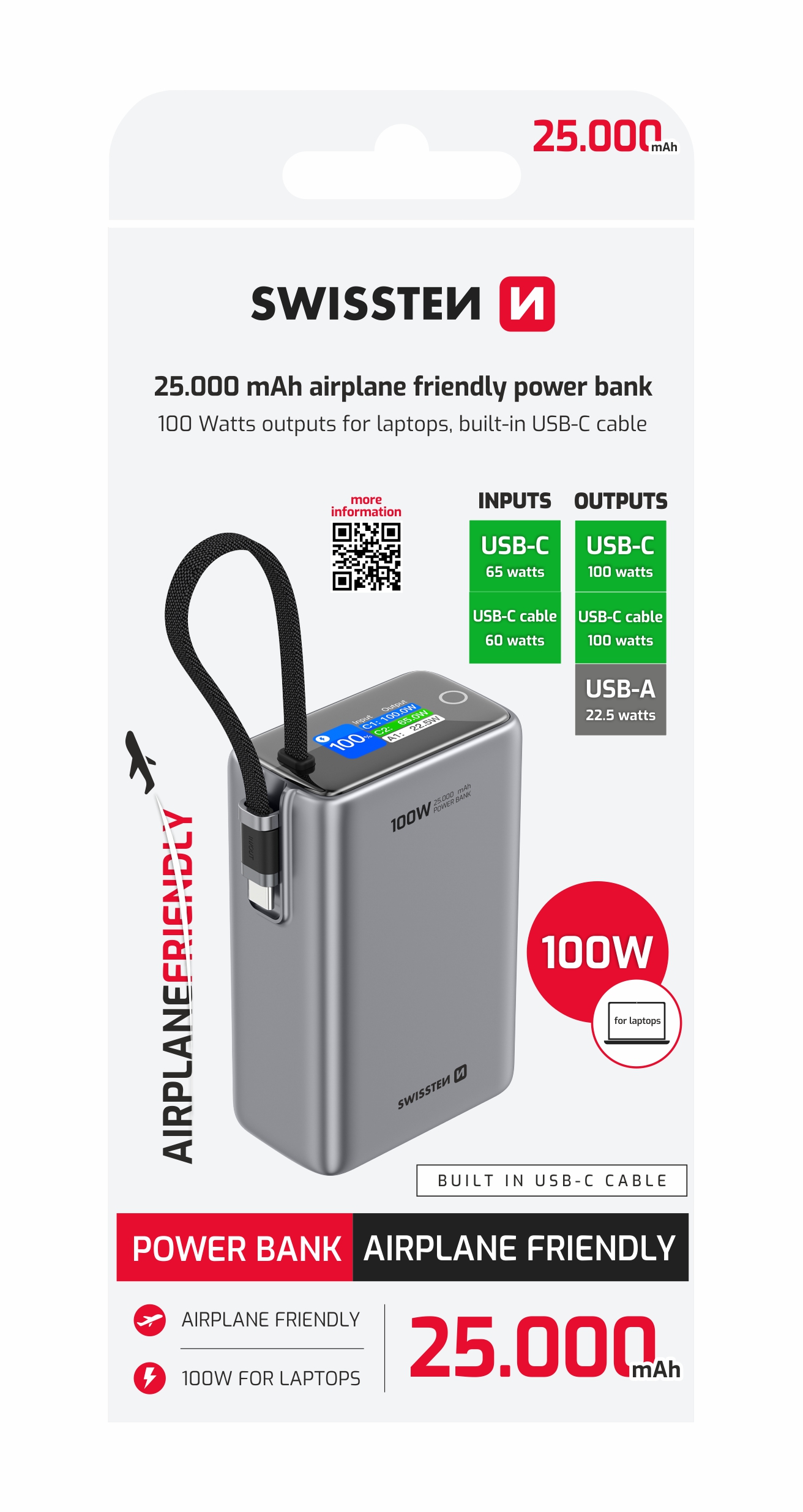 SWISSTEN Cestovní Power Bank 25000mAh 96,25Wh 100W s vestavěným USB-C kabelem šedý