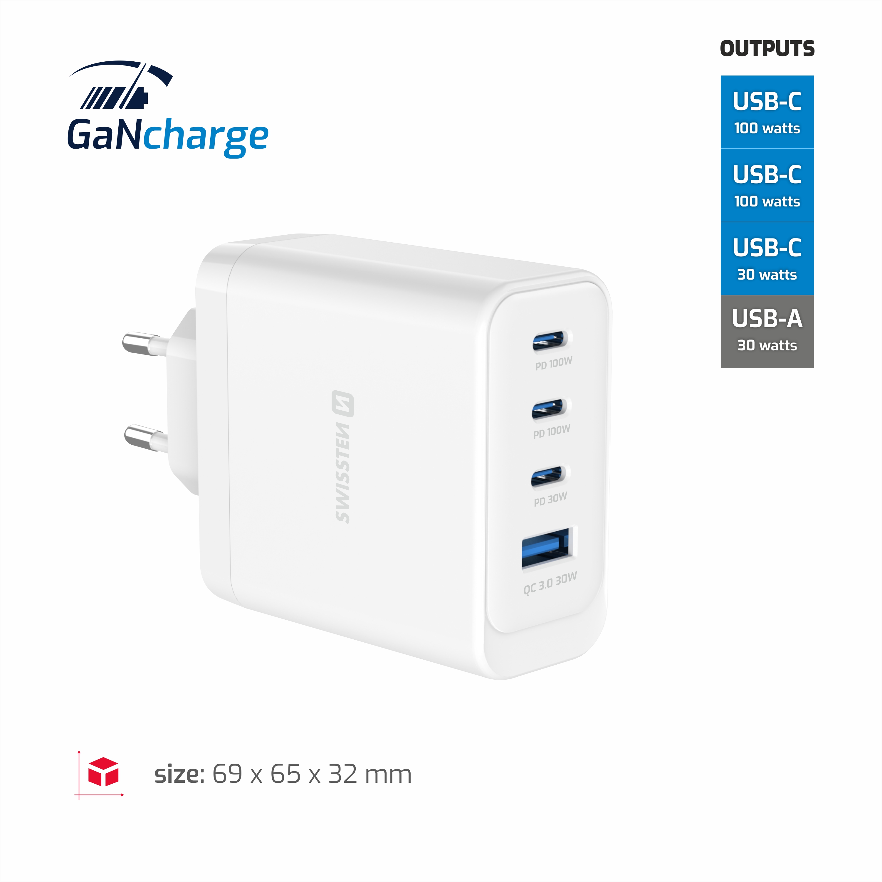 SWISSTEN GaN síťová nabíječka 2× USB-C PD 100W - USB-C PD 30W - USB-A QC 30W bílá i pro notebooky
