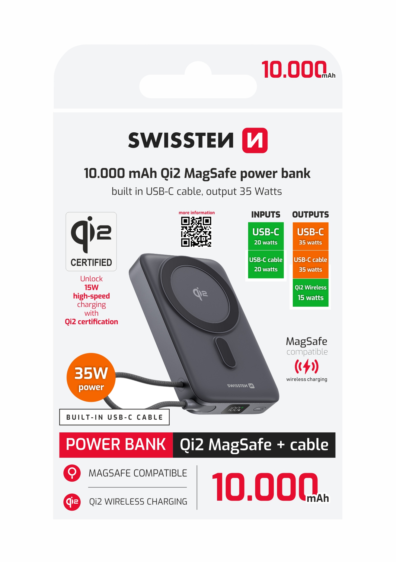 SWISSTEN Power Bank MagSafe Qi2 10000mAh 15W s vestavěným USB-C kabelem černý