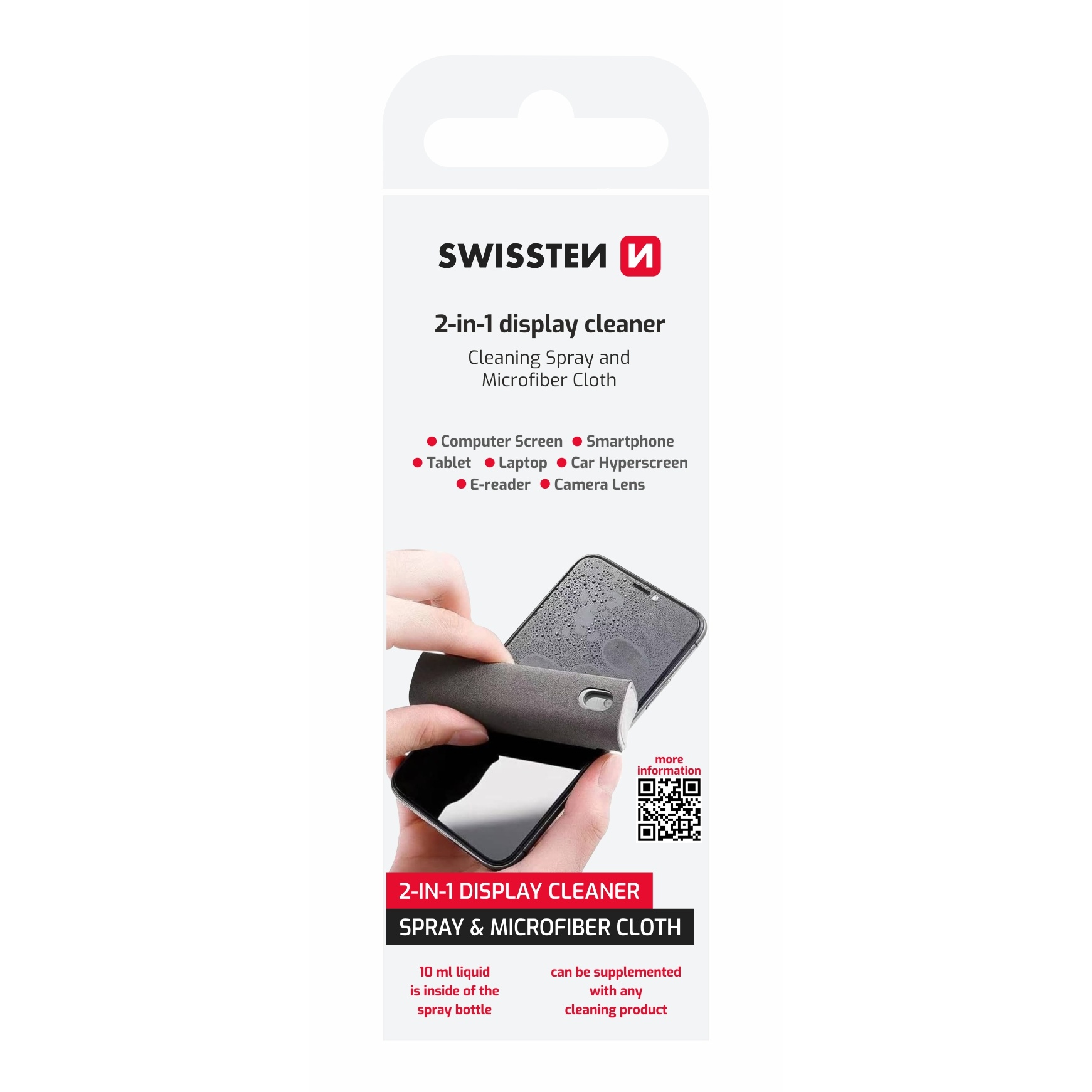 SWISSTEN univerzální čisticí prostředek na displeje 2v1 s hadříkem z mikrovlákna 10 ml
