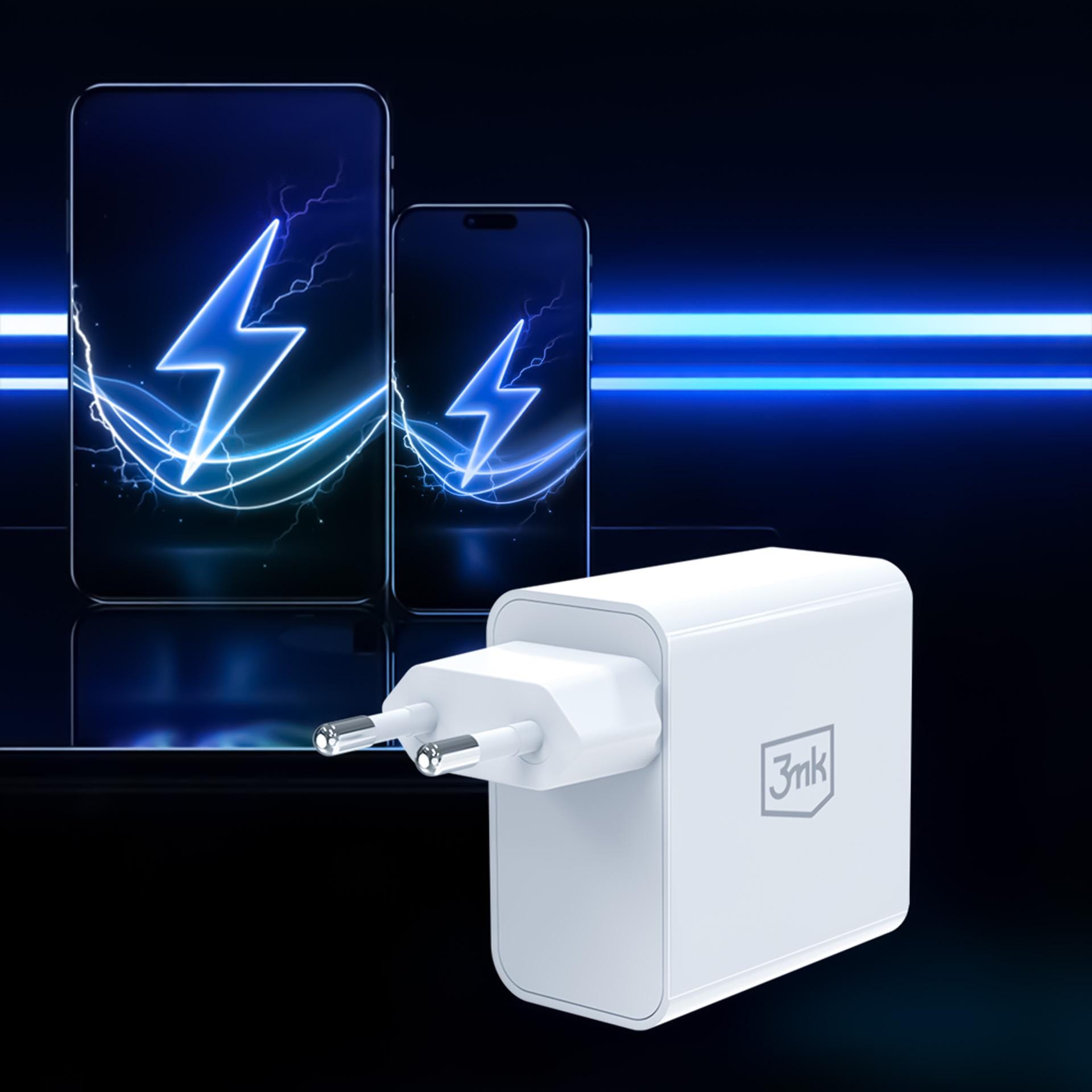 3mk FlowPower 45W – síťová nabíječka GaN 45 W USB-C PD 3.0 + USB-A QC 4.0 bílá