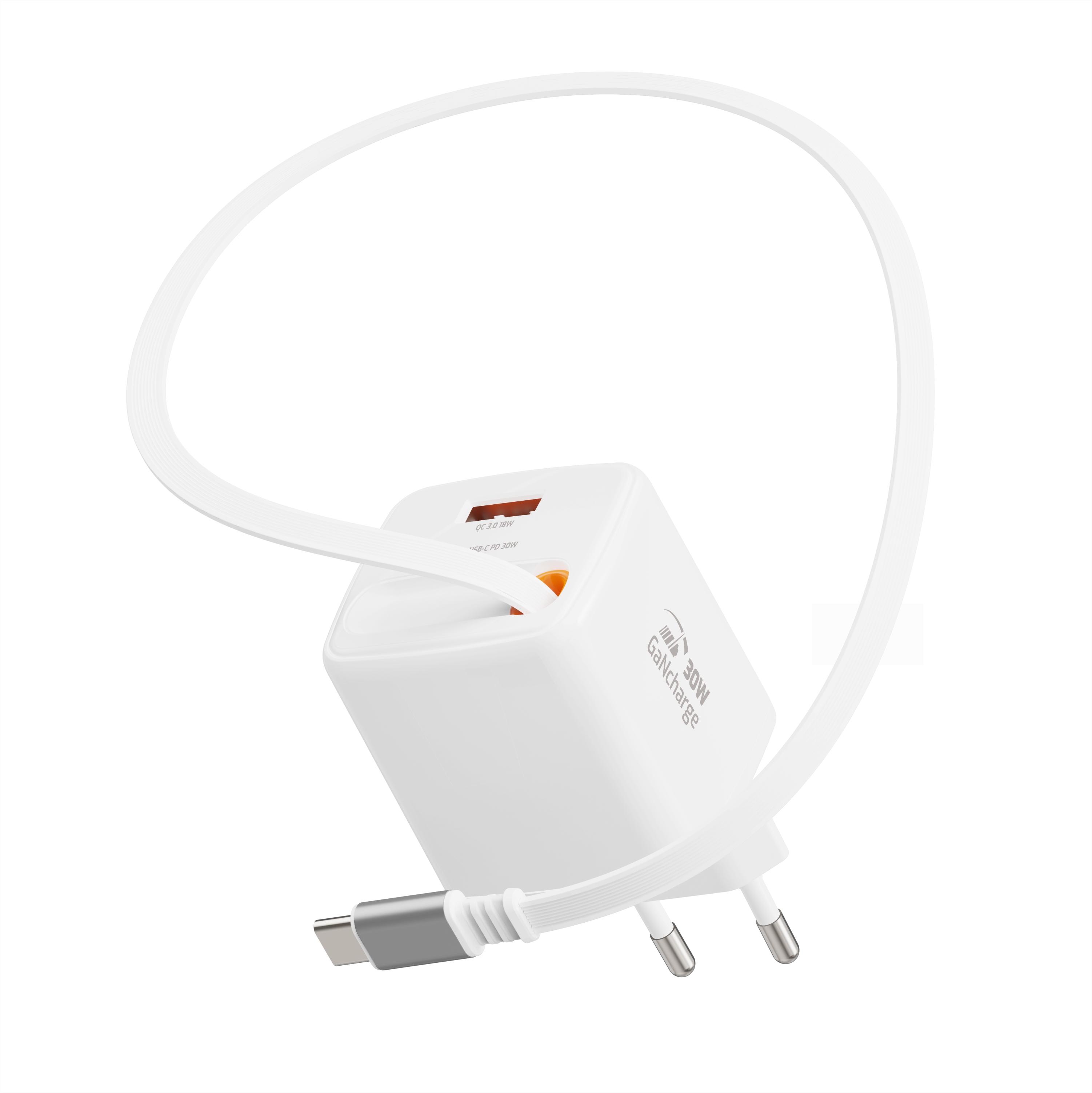 SWISSTEN Síťová nabíječka SlideCharge GaN 30W + USB-A 18W se zatahovacím USB-C kabelem 0,75m bílá