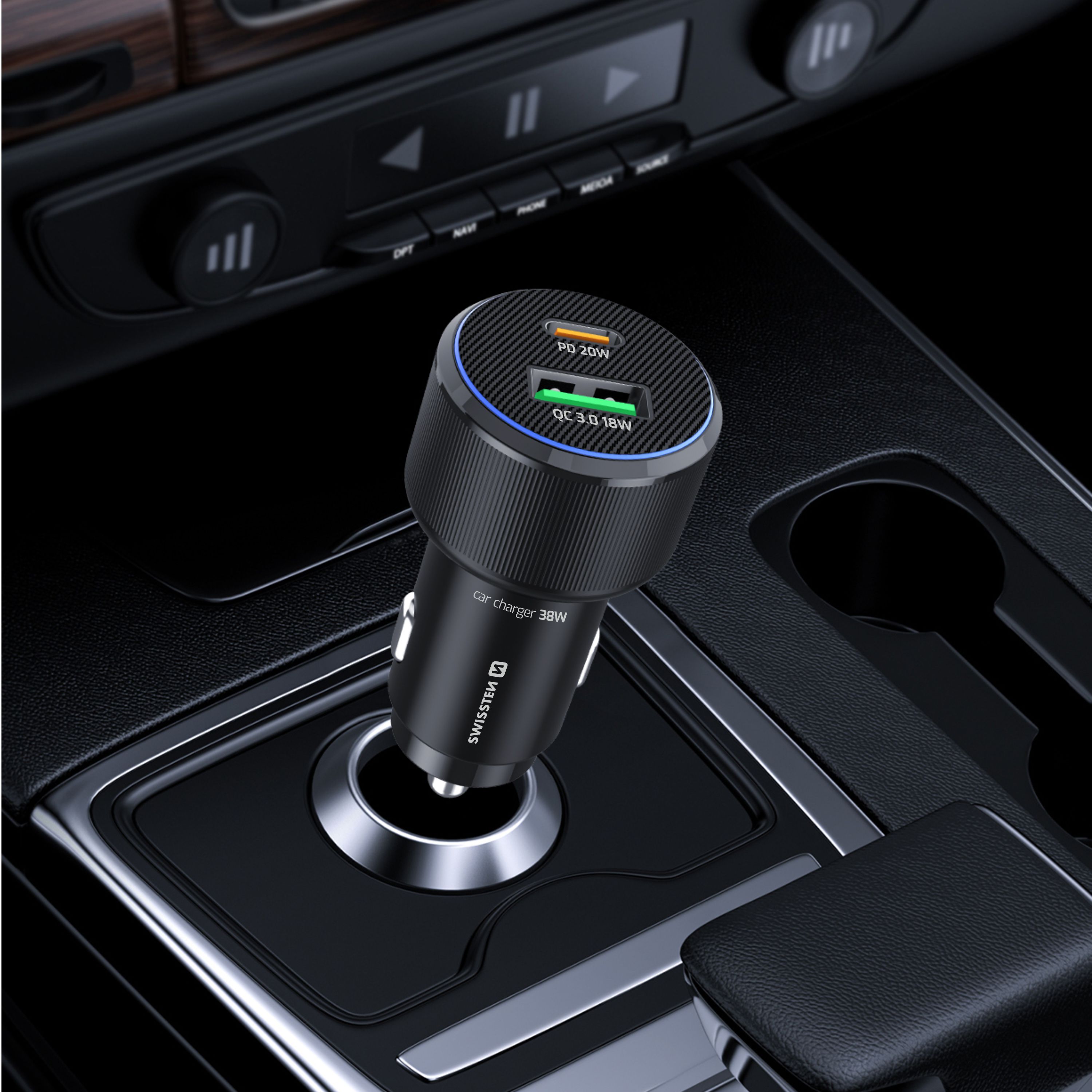 SWISSTEN Autonabíječka USB-C PD + USB-A 38W černá + kabel USB-C / USB-C 1m