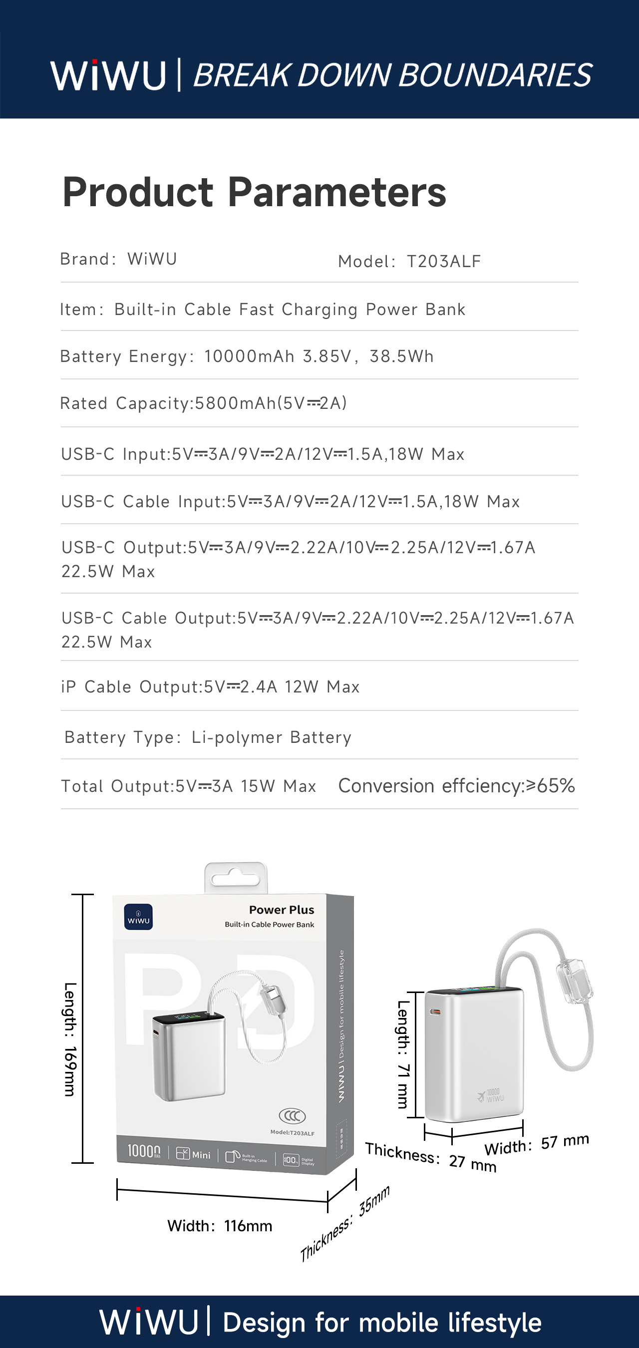 WiWU hliníková powerbanka s integrovanými kabely USB-C a Lightning T203ALF 10000mAh stříbrná