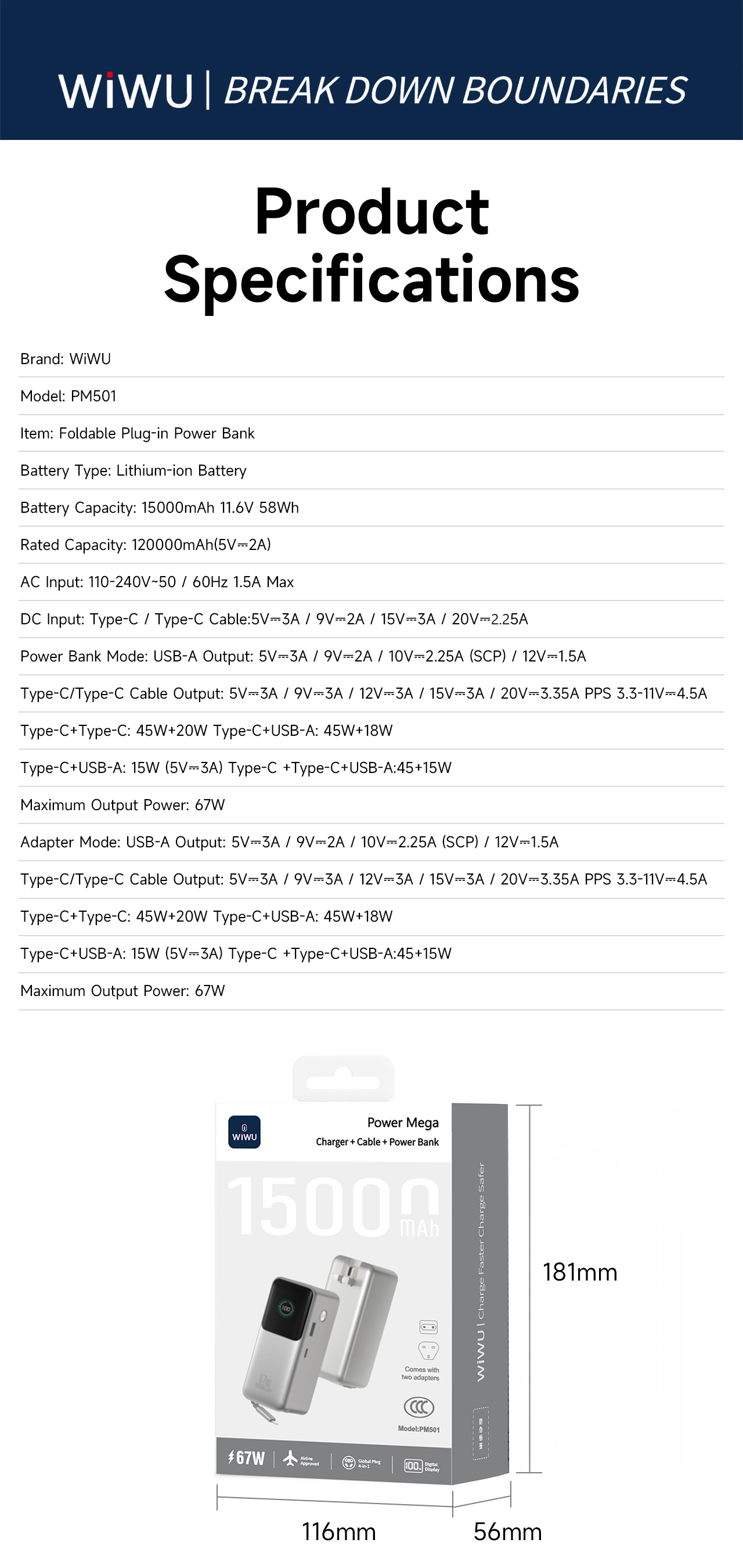 WiWU powerbanka 3v1 se síťovou nabíječkou a kabelem Power Mega PM501 15000mAh 67W stříbrná