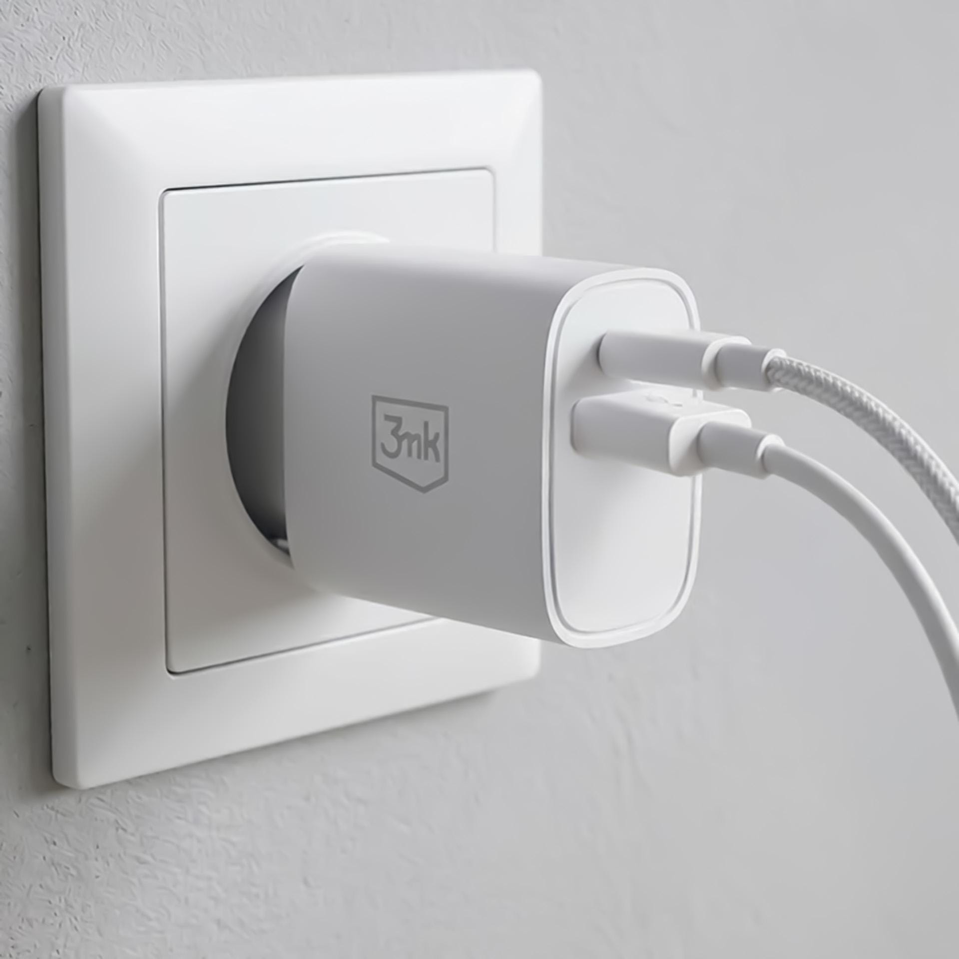 3mk FlowPower PD 30W – síťová nabíječka GaN 30 W USB-C PD 3.0 + USB-A QC 4.0 bílá