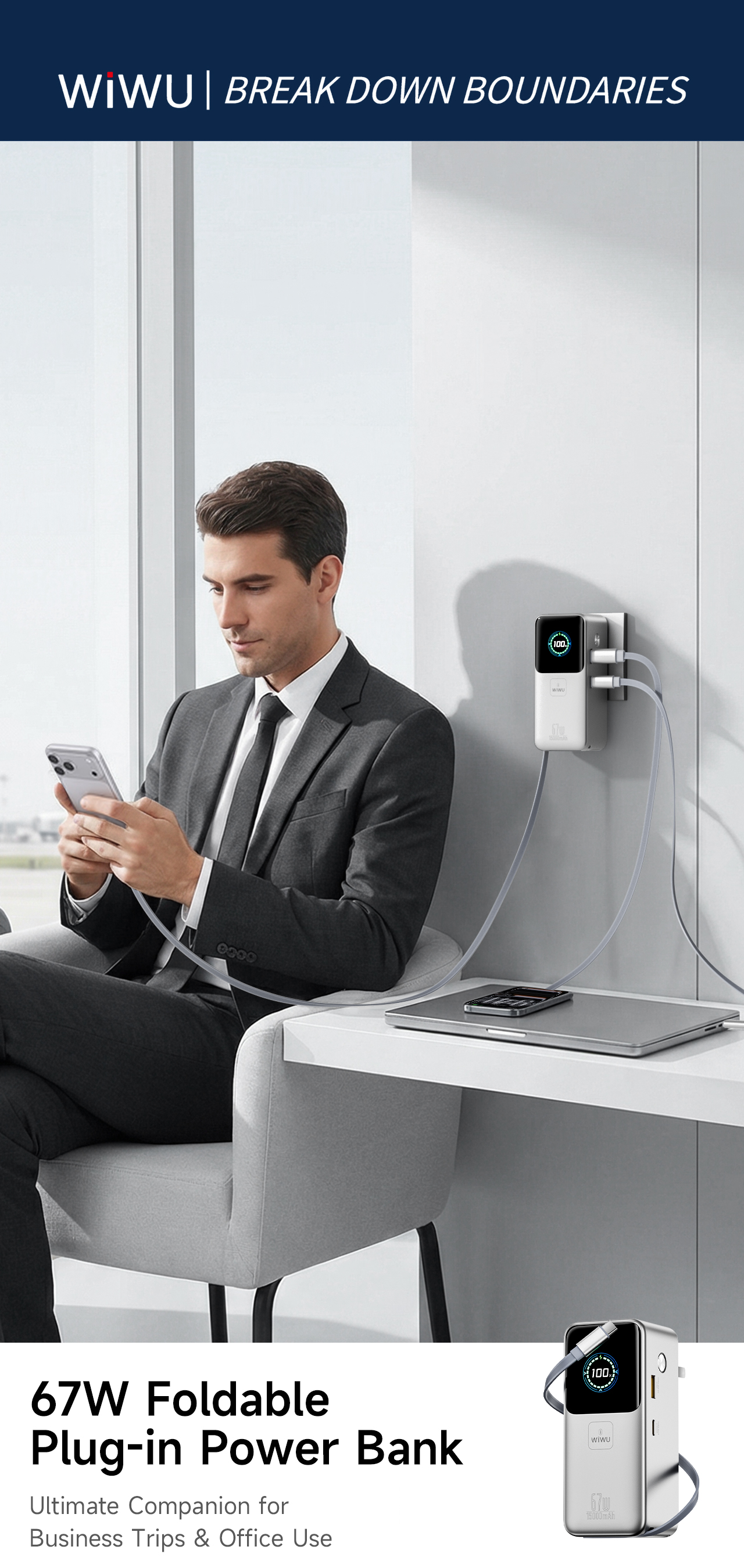 WiWU powerbanka 3v1 se síťovou nabíječkou a kabelem Power Mega PM501 15000mAh 67W stříbrná