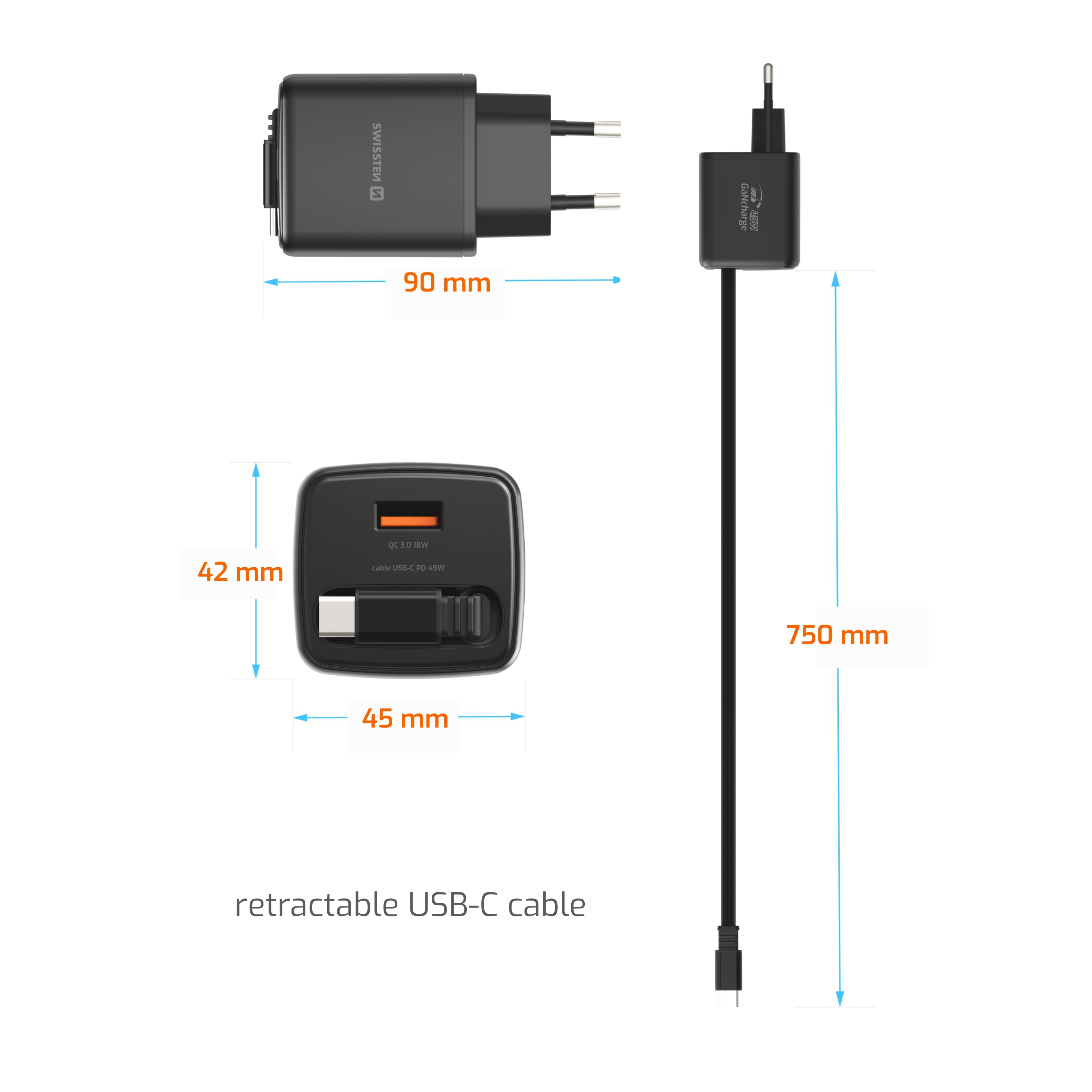 SWISSTEN Síťová nabíječka SlideCharge GaN 45W + USB-A 18W se zatahovacím USB-C kabelem 0,75m černá
