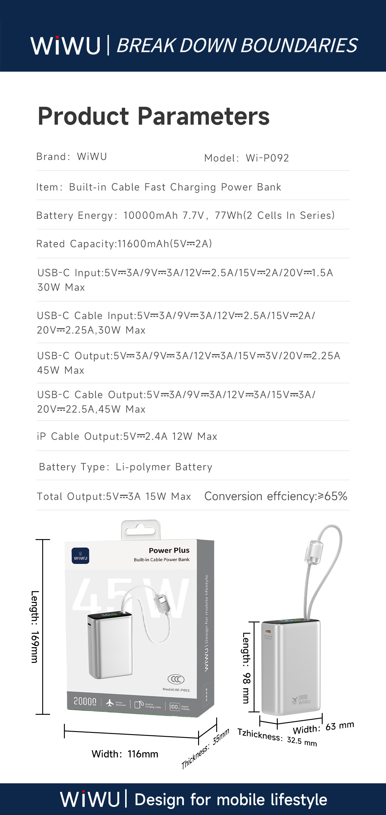 WiWU hliníková powerbanka s integrovanými kabely USB-C a Lightning Wi-P092 20000mAh stříbrná