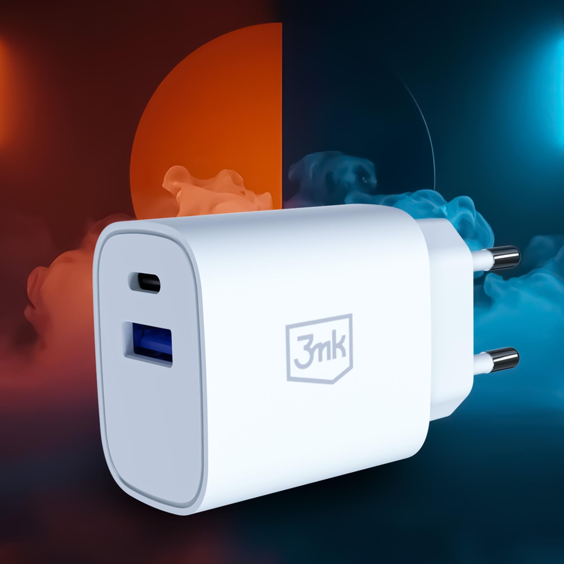 3mk FlowPower PD 30W – síťová nabíječka GaN 30 W USB-C PD 3.0 + USB-A QC 4.0 bílá