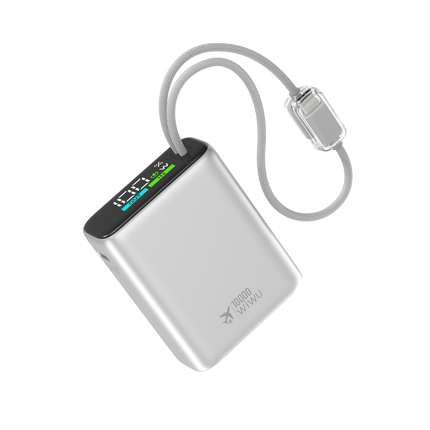 WiWU hliníková powerbanka s integrovanými kabely USB-C a Lightning T203ALF 10000mAh stříbrná