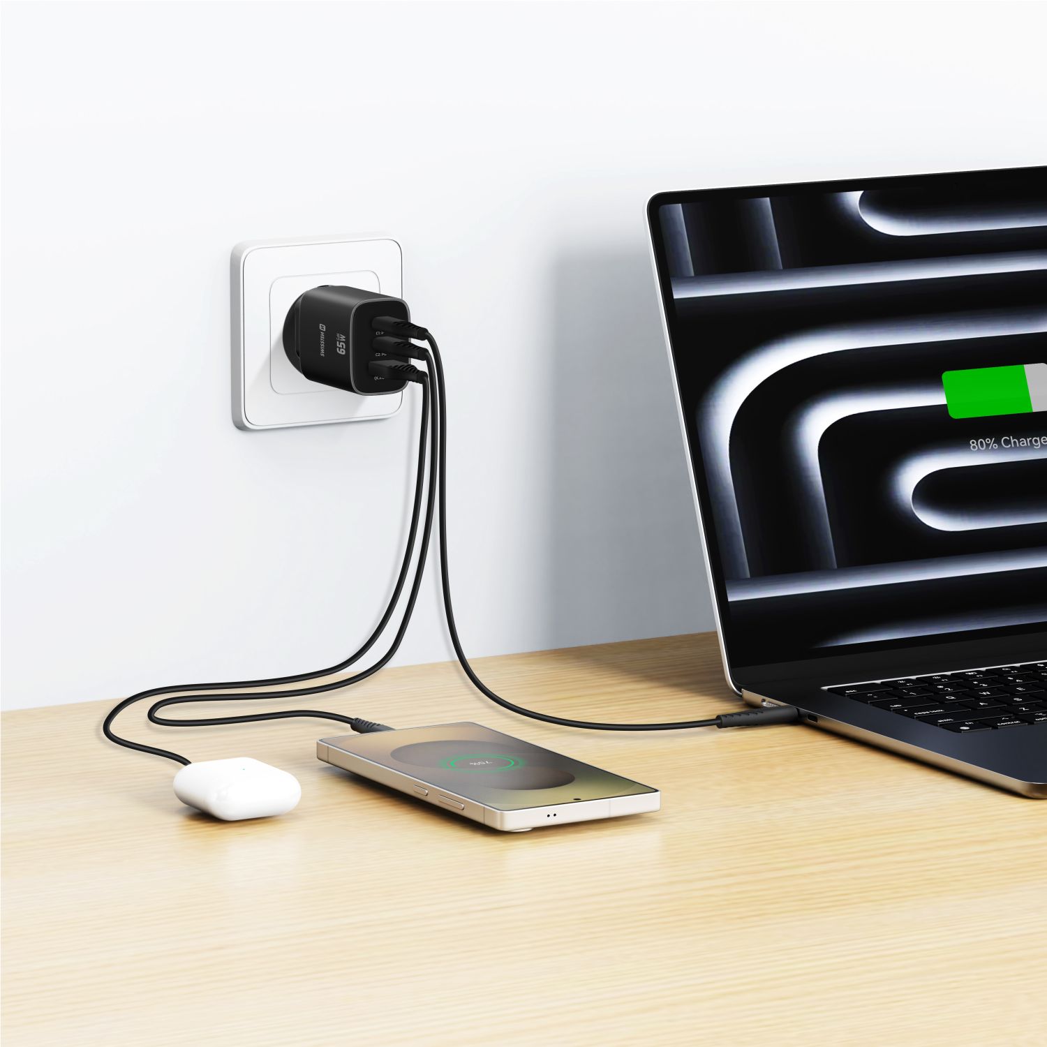 SWISSTEN GaN Síťová nabíječka 2x USB-C 65W PD + USB-A 18W černá
