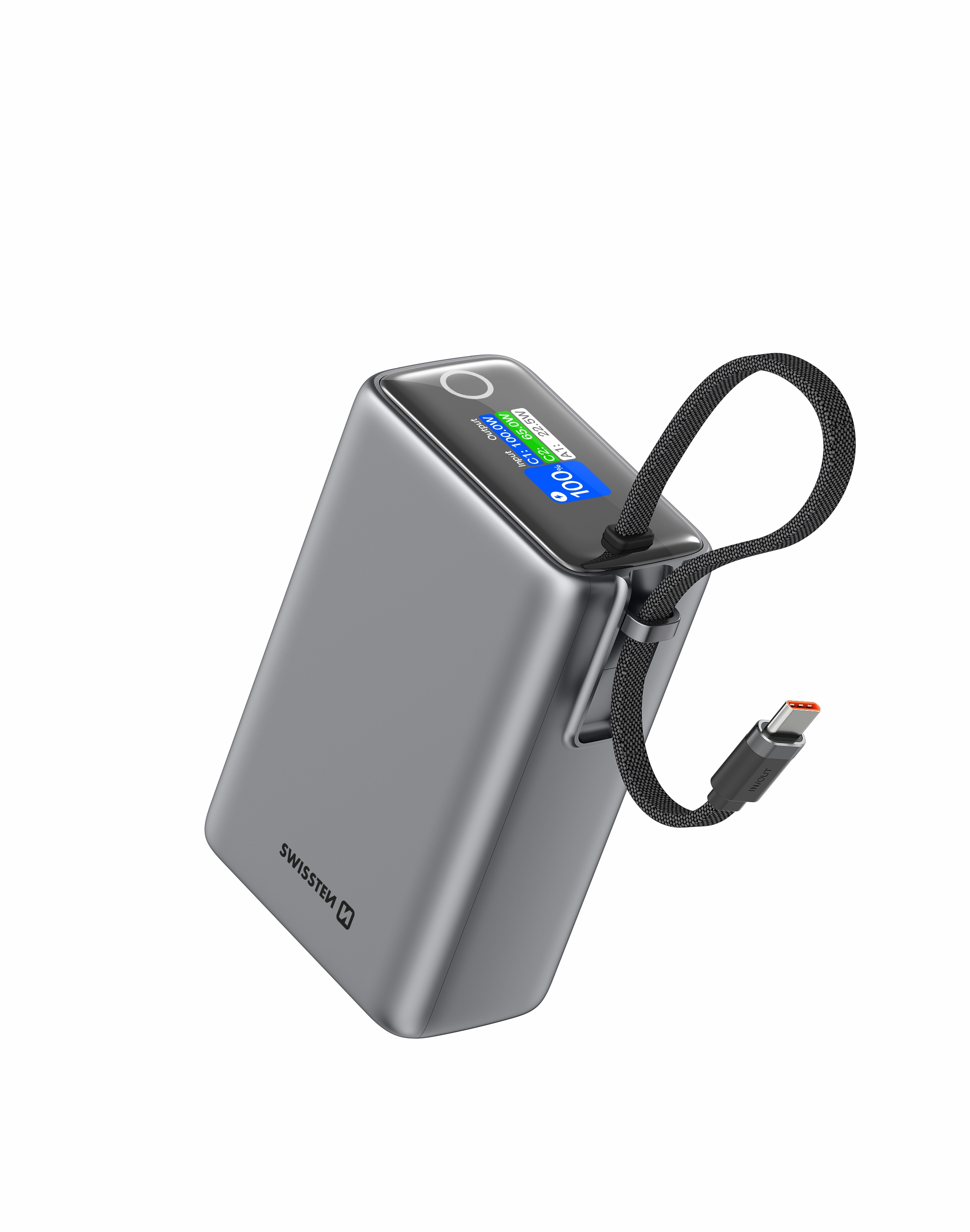 SWISSTEN Cestovní Power Bank 25000mAh 96,25Wh 100W s vestavěným USB-C kabelem šedý