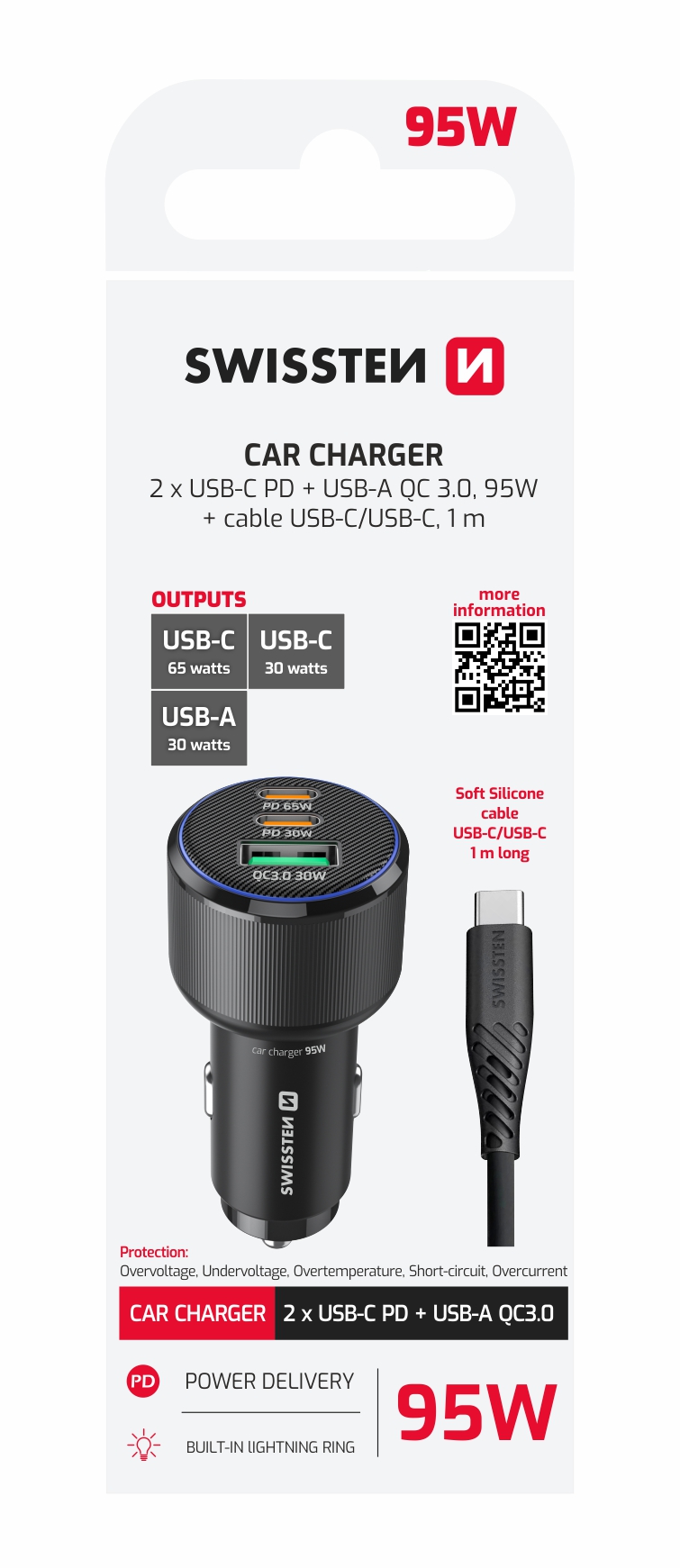 SWISSTEN 95 W – autonabíječka 2× USB-C PD + USB-A s kabelem USB-C / USB-C 1 m černá