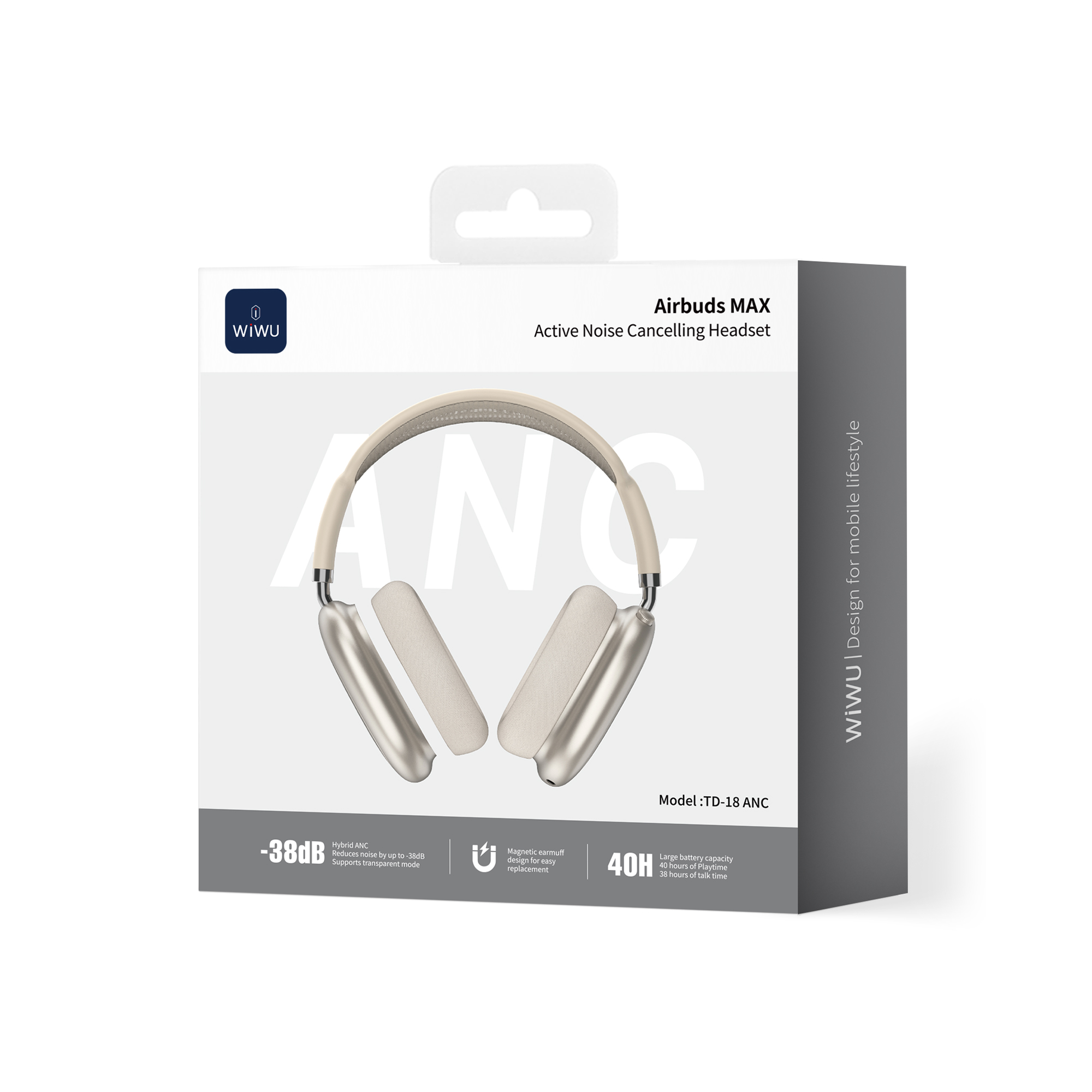 WiWU bezdrátová náhlavní sluchátka s aktivním potlačením hluku ANC Airbuds MAX TD-18 zlatá
