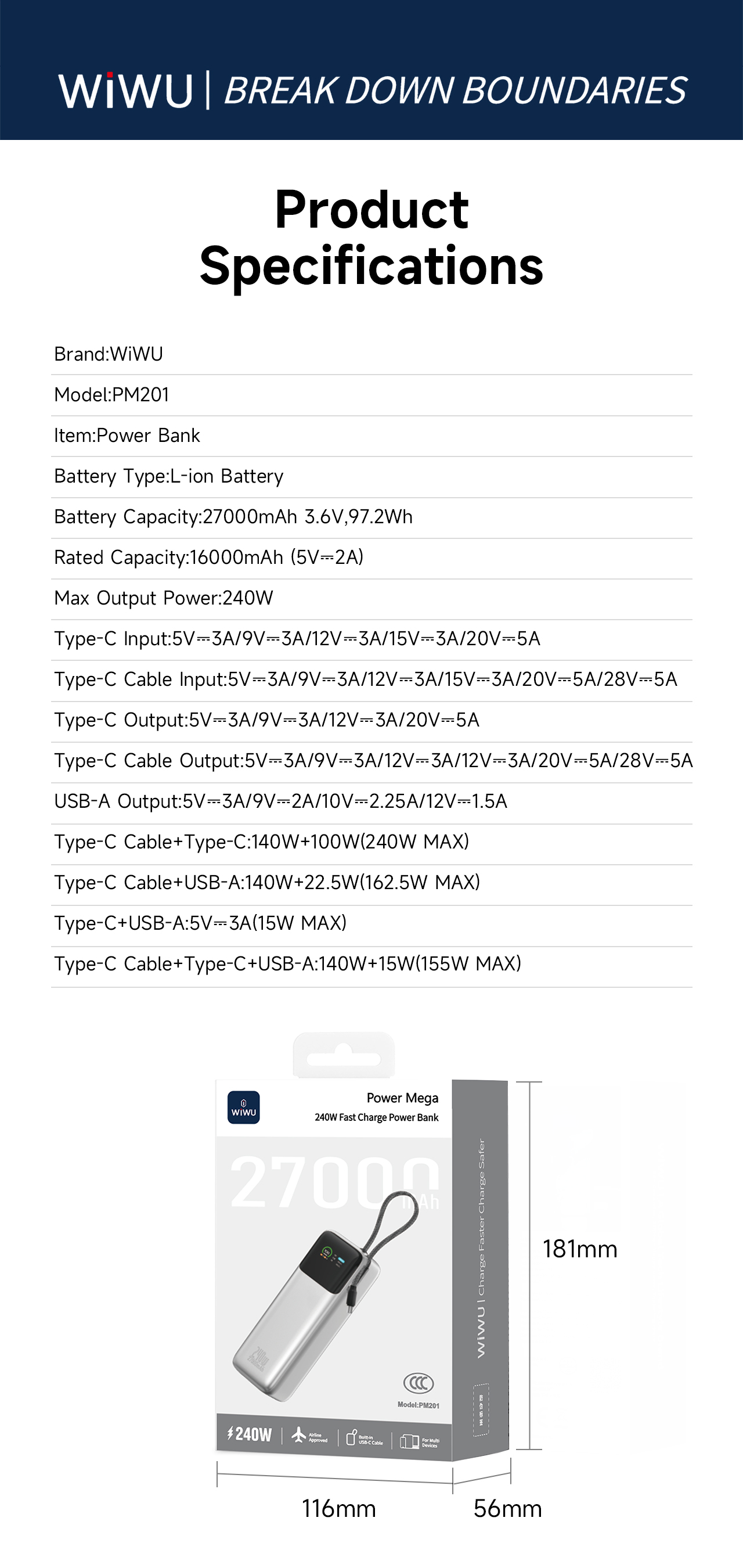 WiWU rychlá powerbanka pro notebooky Power Mega PM201 27000mAh 240W s displejem stříbrná