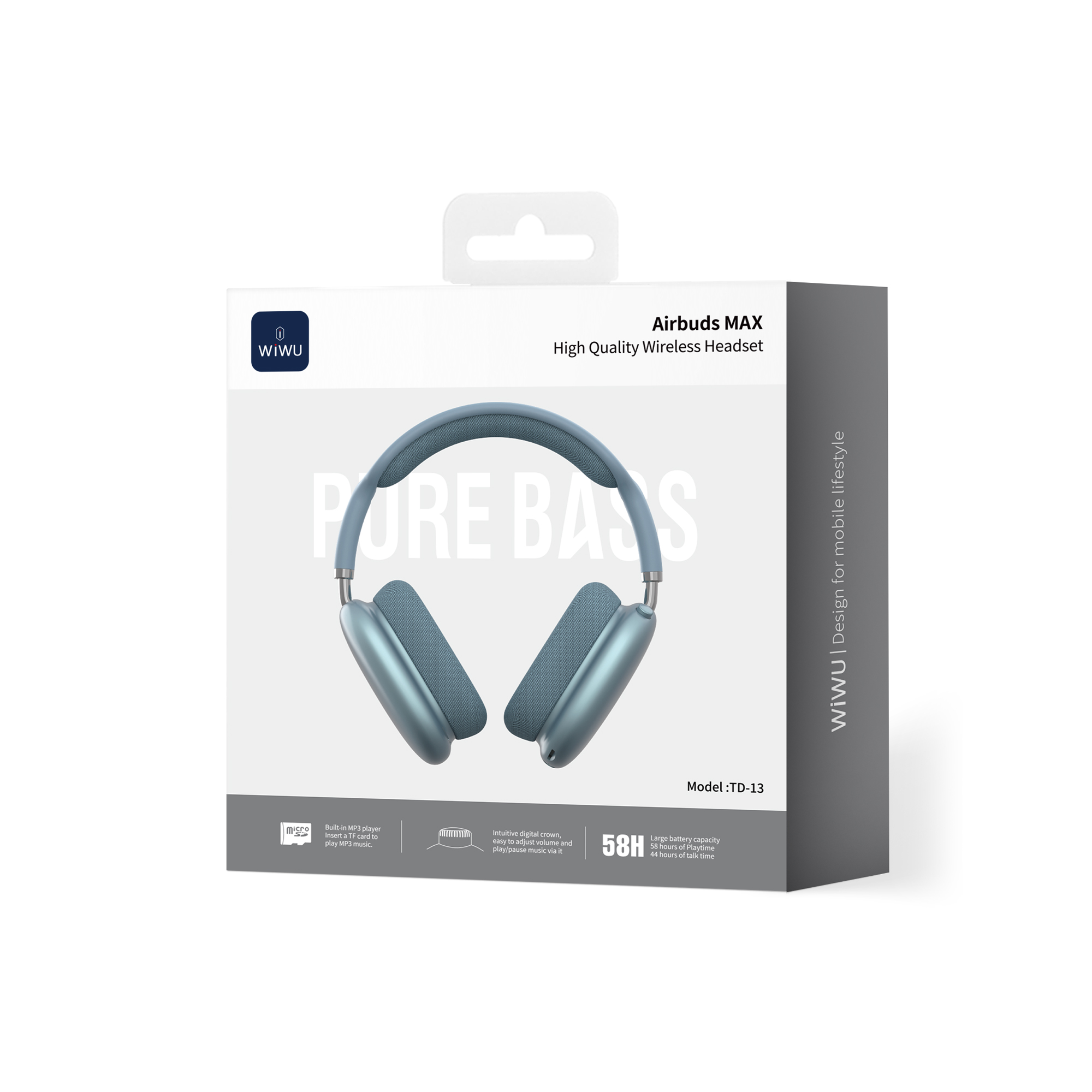 WiWU bezdrátová náhlavní sluchátka Bluetooth Airbuds MAX TD-13 modrá