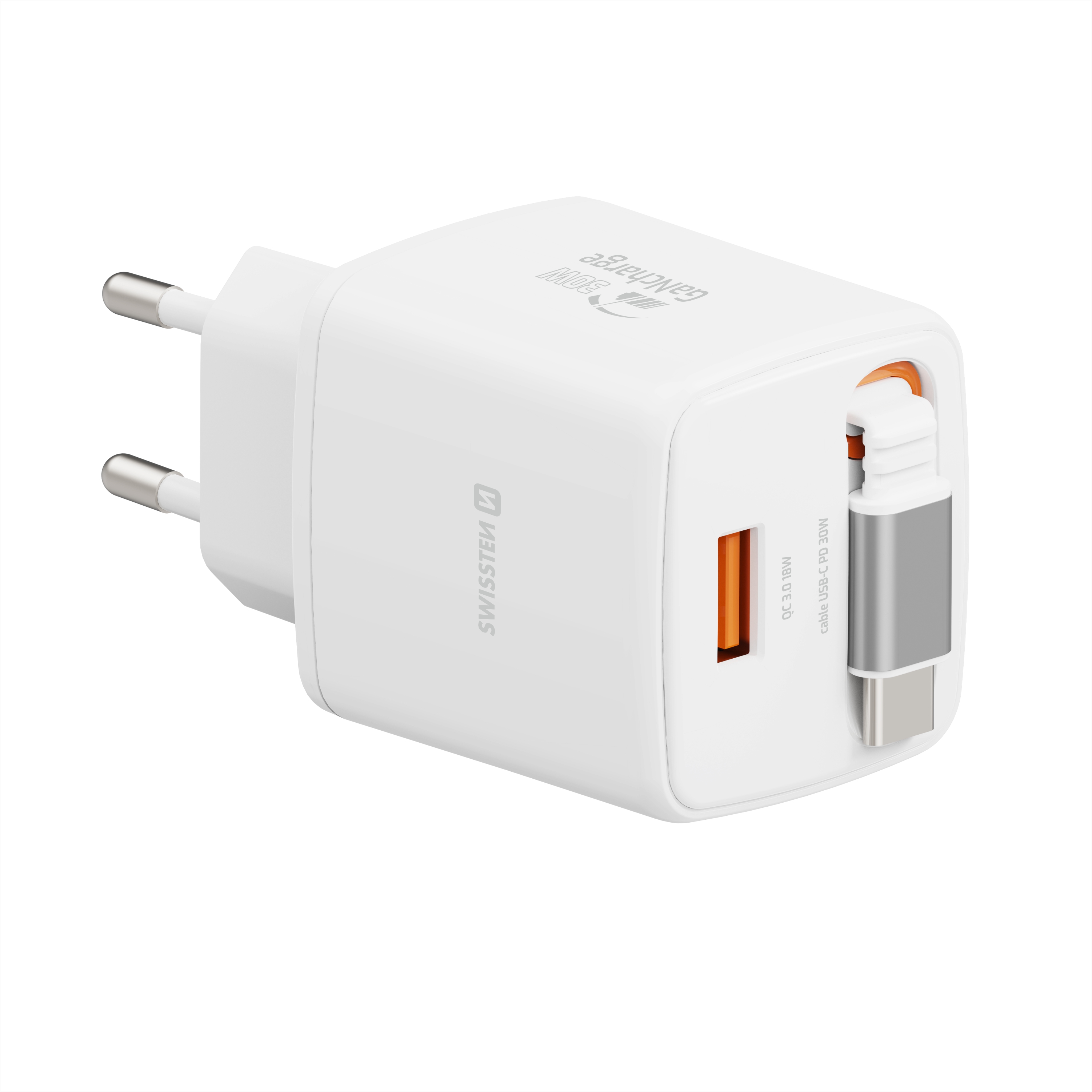 SWISSTEN Síťová nabíječka SlideCharge GaN 30W + USB-A 18W se zatahovacím USB-C kabelem 0,75m bílá
