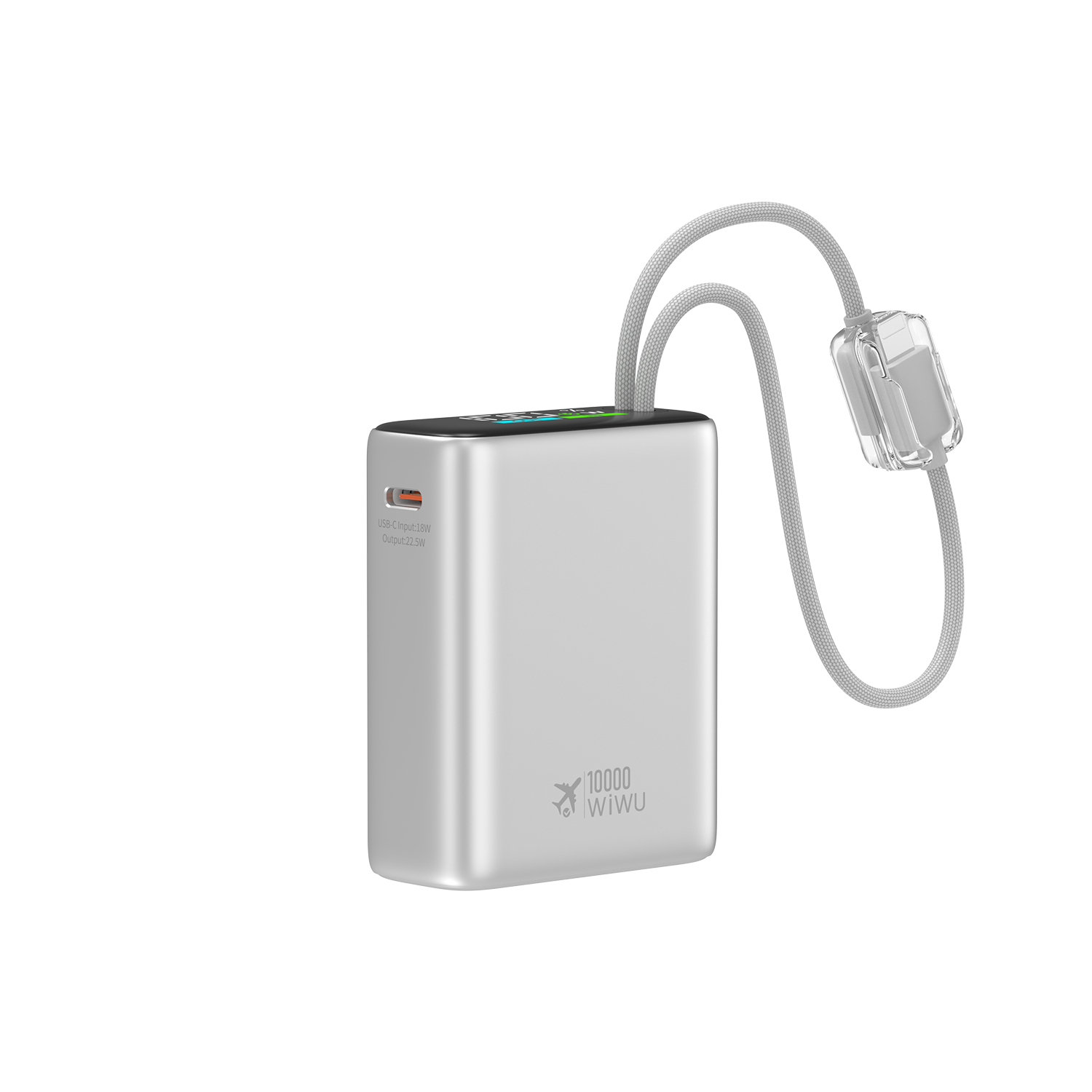 WiWU hliníková powerbanka s integrovanými kabely USB-C a Lightning T203ALF 10000mAh stříbrná