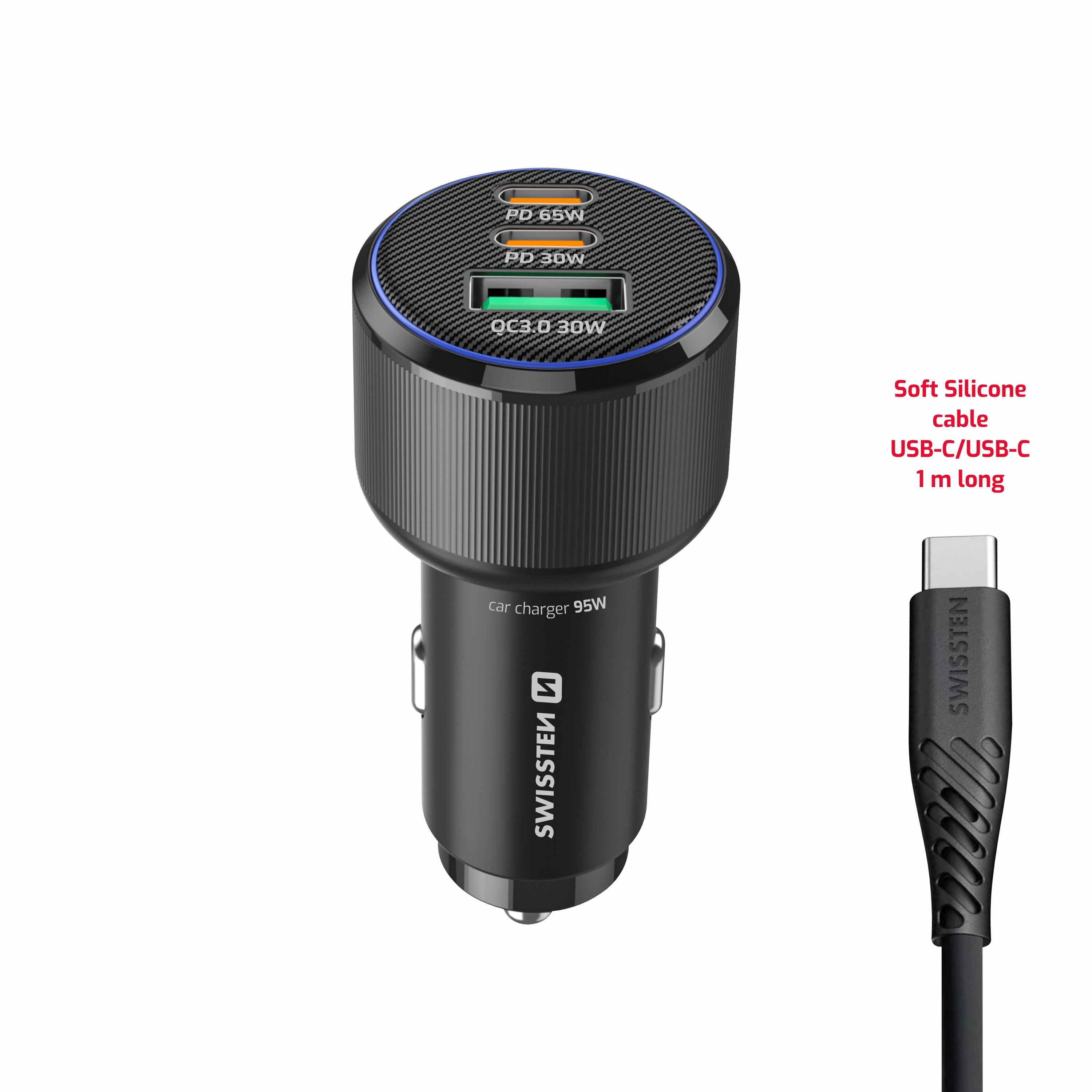 SWISSTEN 95 W – autonabíječka 2× USB-C PD + USB-A s kabelem USB-C / USB-C 1 m černá