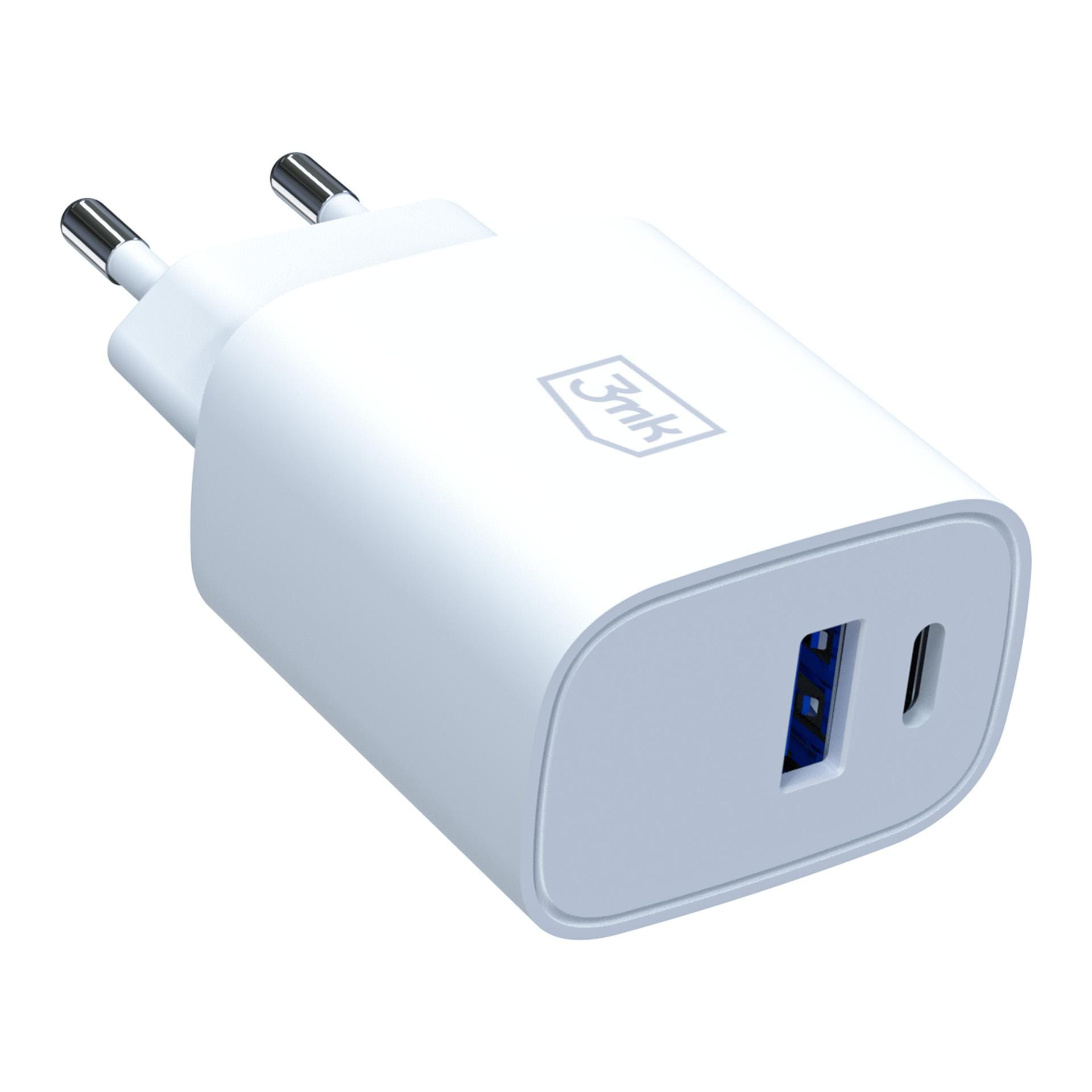 3mk FlowPower PD 30W – síťová nabíječka GaN 30 W USB-C PD 3.0 + USB-A QC 4.0 bílá