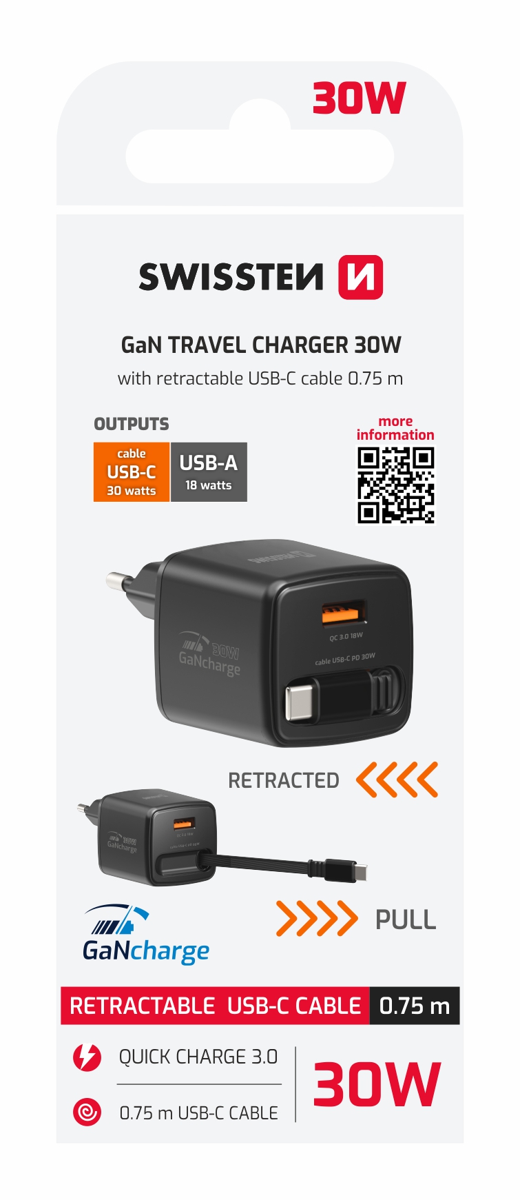 SWISSTEN Síťová nabíječka SlideCharge GaN 30W + USB-A 18W se zatahovacím USB-C kabelem 0,75m černá