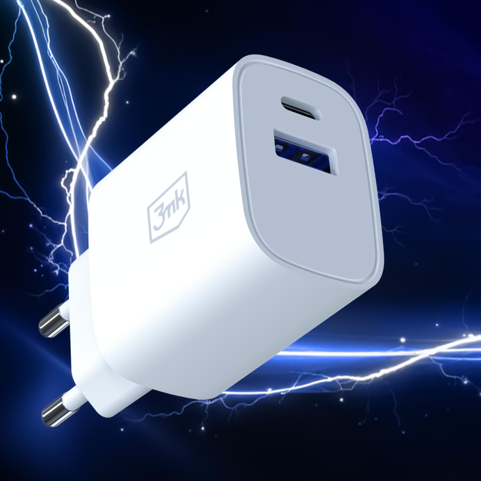 3mk FlowPower PD 30W – síťová nabíječka GaN 30 W USB-C PD 3.0 + USB-A QC 4.0 bílá