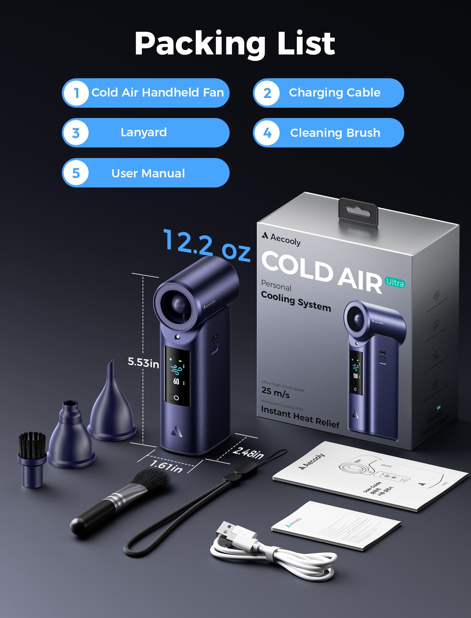 Aecooly Cold Air Pro PM01 – rychlý ruční ventilátor s vodní mlhou modrý