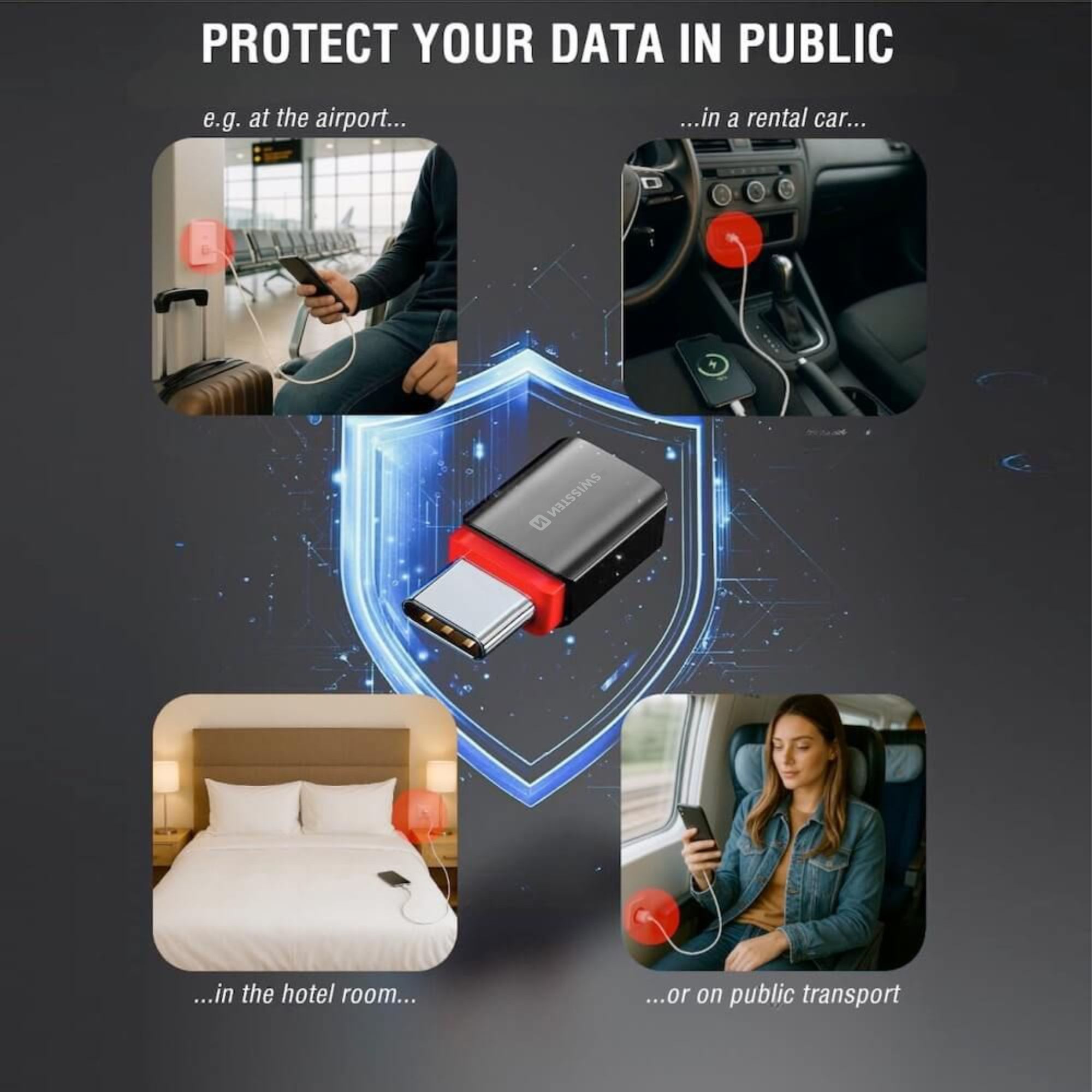 SWISSTEN DataGuard nabíjecí adaptér s blokací dat USB-C (samec) / USB-C (samice) černý