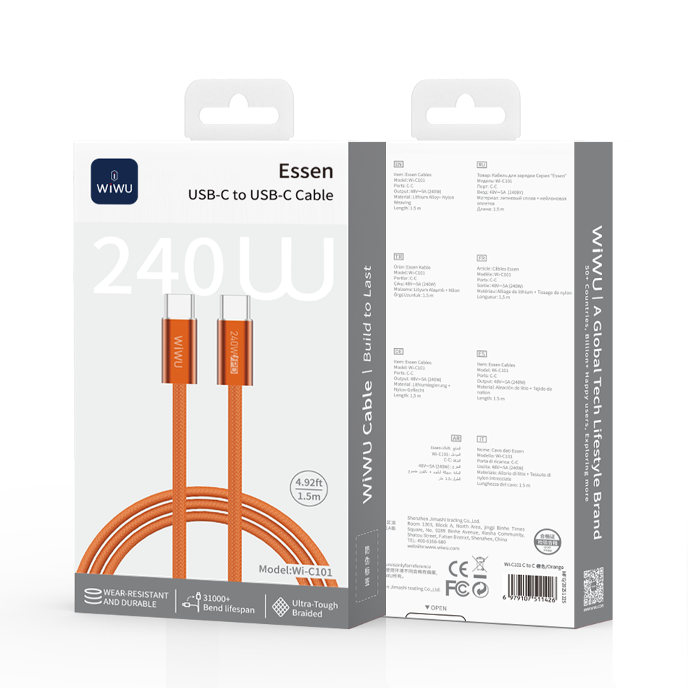WiWU kabel USB-C / USB-C 240W Essen nylonový oplet Wi-C101 1.5m oranžový