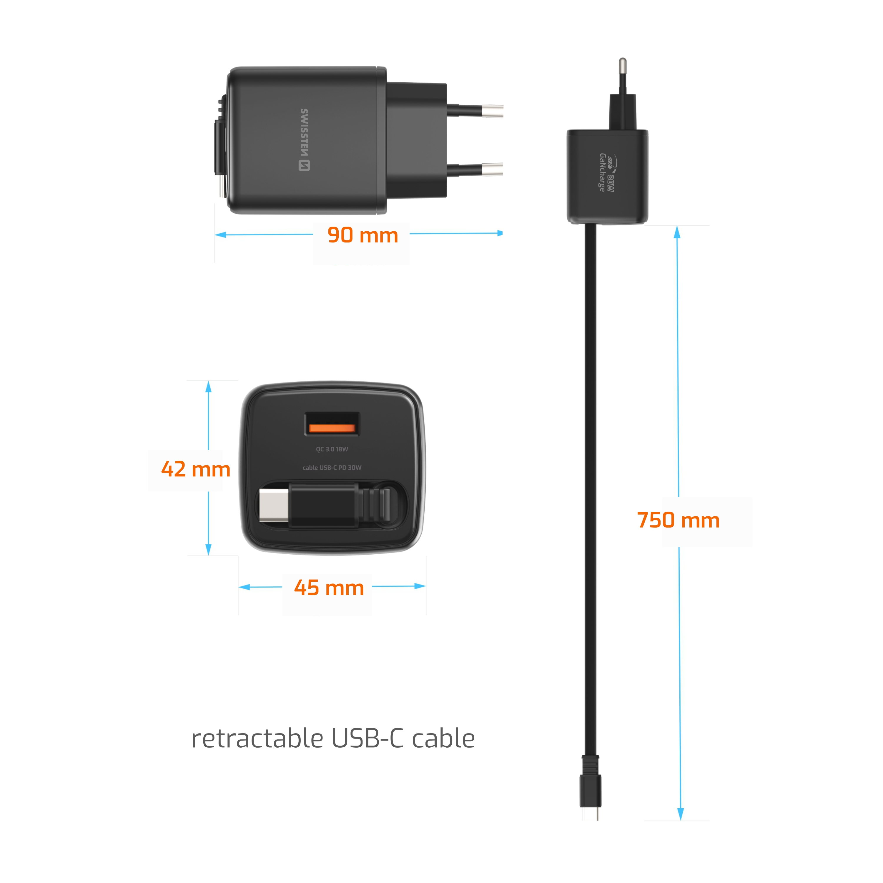 SWISSTEN Síťová nabíječka SlideCharge GaN 30W + USB-A 18W se zatahovacím USB-C kabelem 0,75m černá