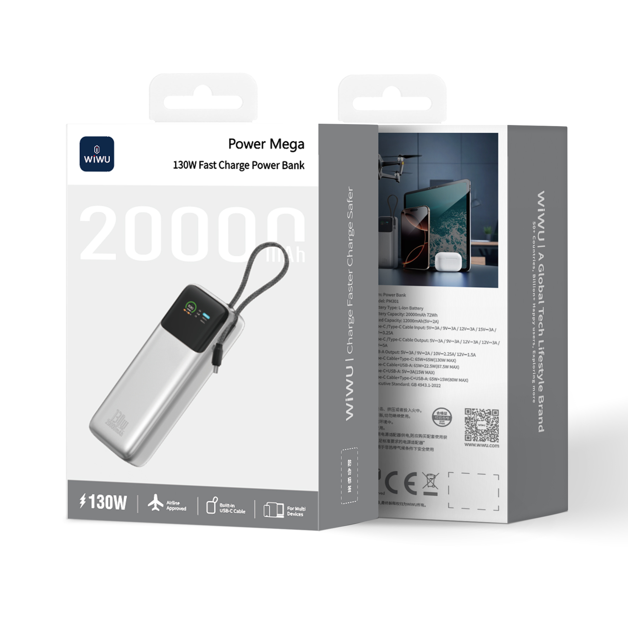 WiWU rychlá powerbanka pro notebooky Power Mega PM301 20000mAh 130W s displejem stříbrná