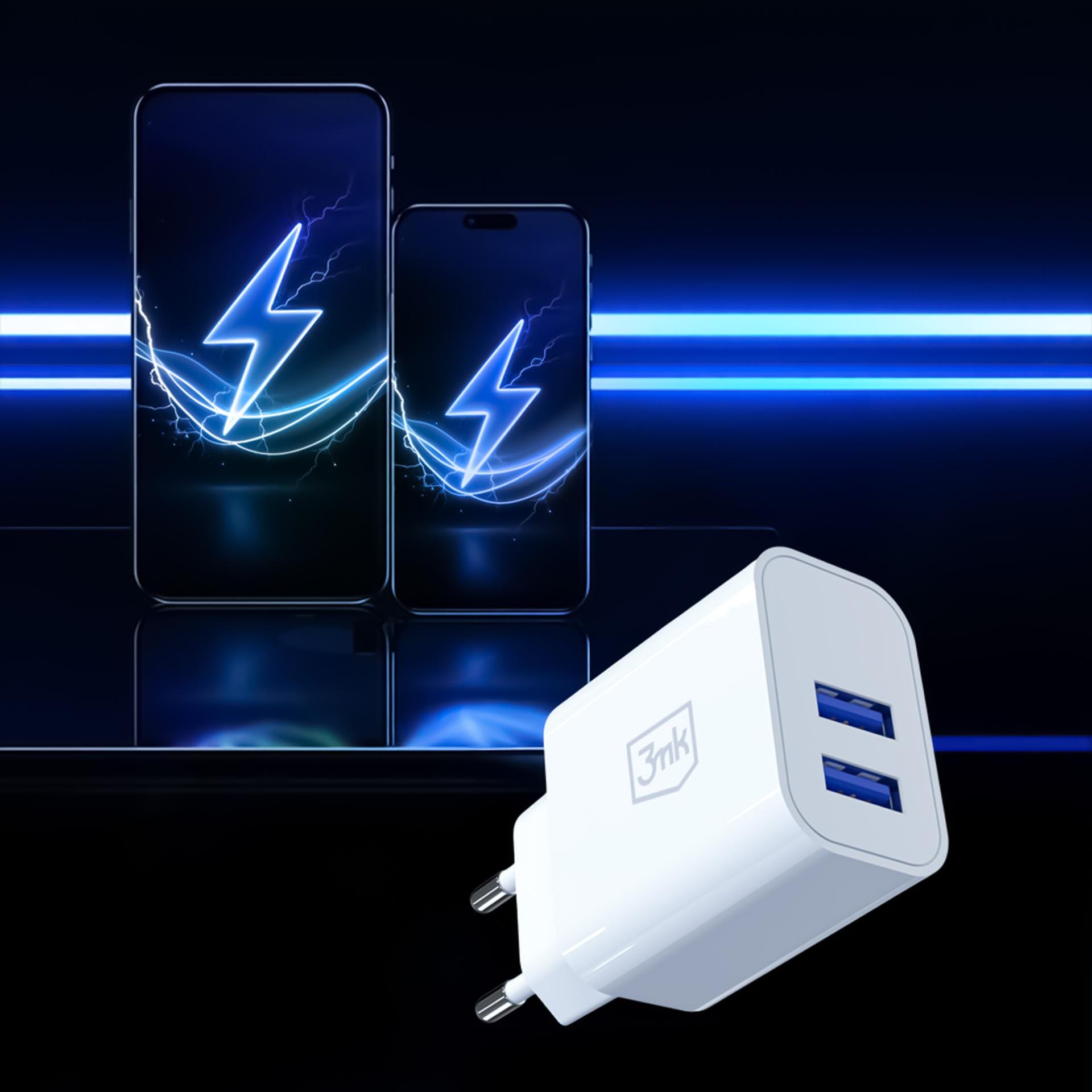 3mk FlowPower 10W 2.4A – síťová nabíječka 2× USB-A 10 W bílá