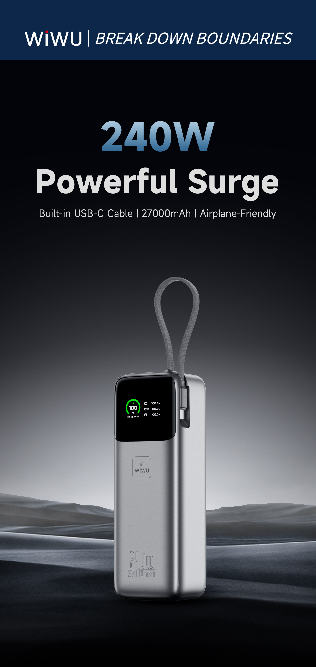 WiWU rychlá powerbanka pro notebooky Power Mega PM201 27000mAh 240W s displejem stříbrná