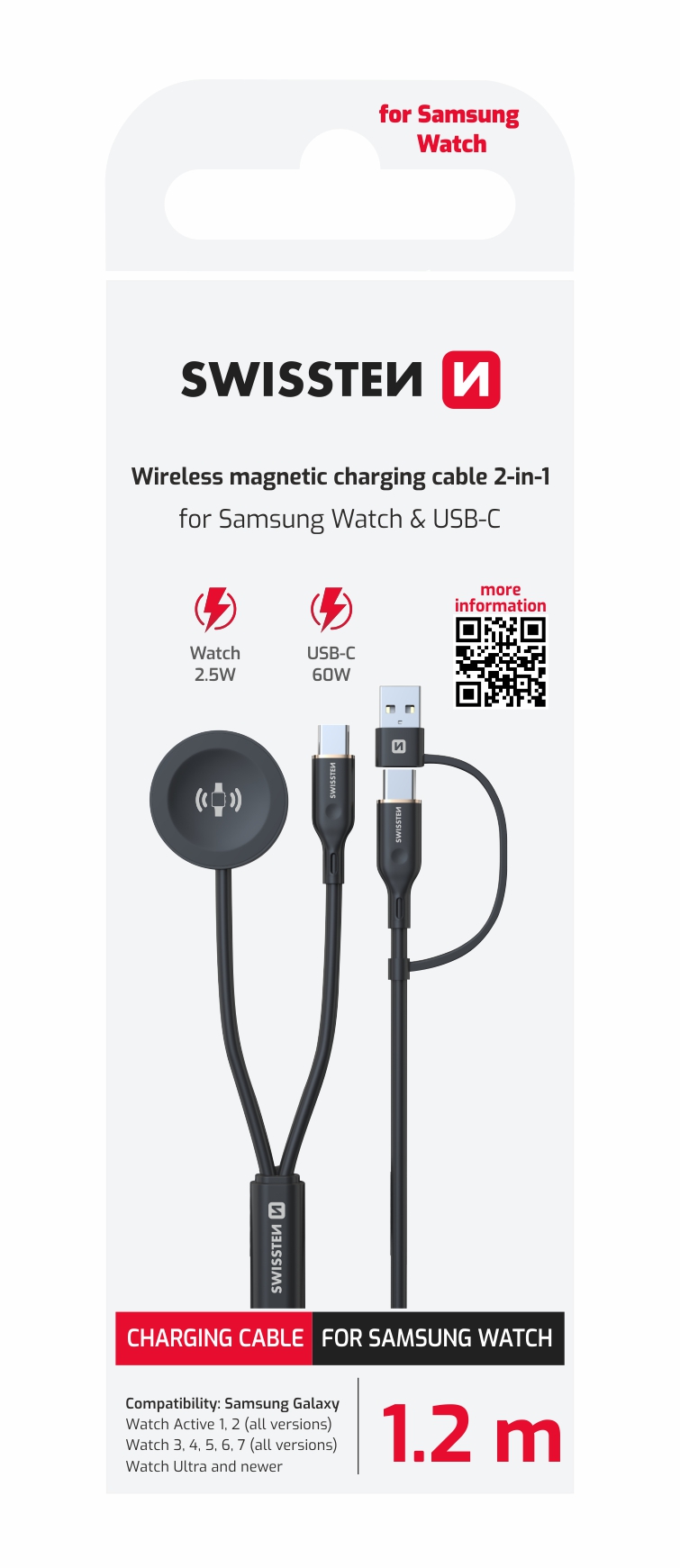 SWISSTEN Bezdrátová nabíječka 2v1 pro Samsung Galaxy Watch a USB-C, USB-C (USB-A) 1,2m černá