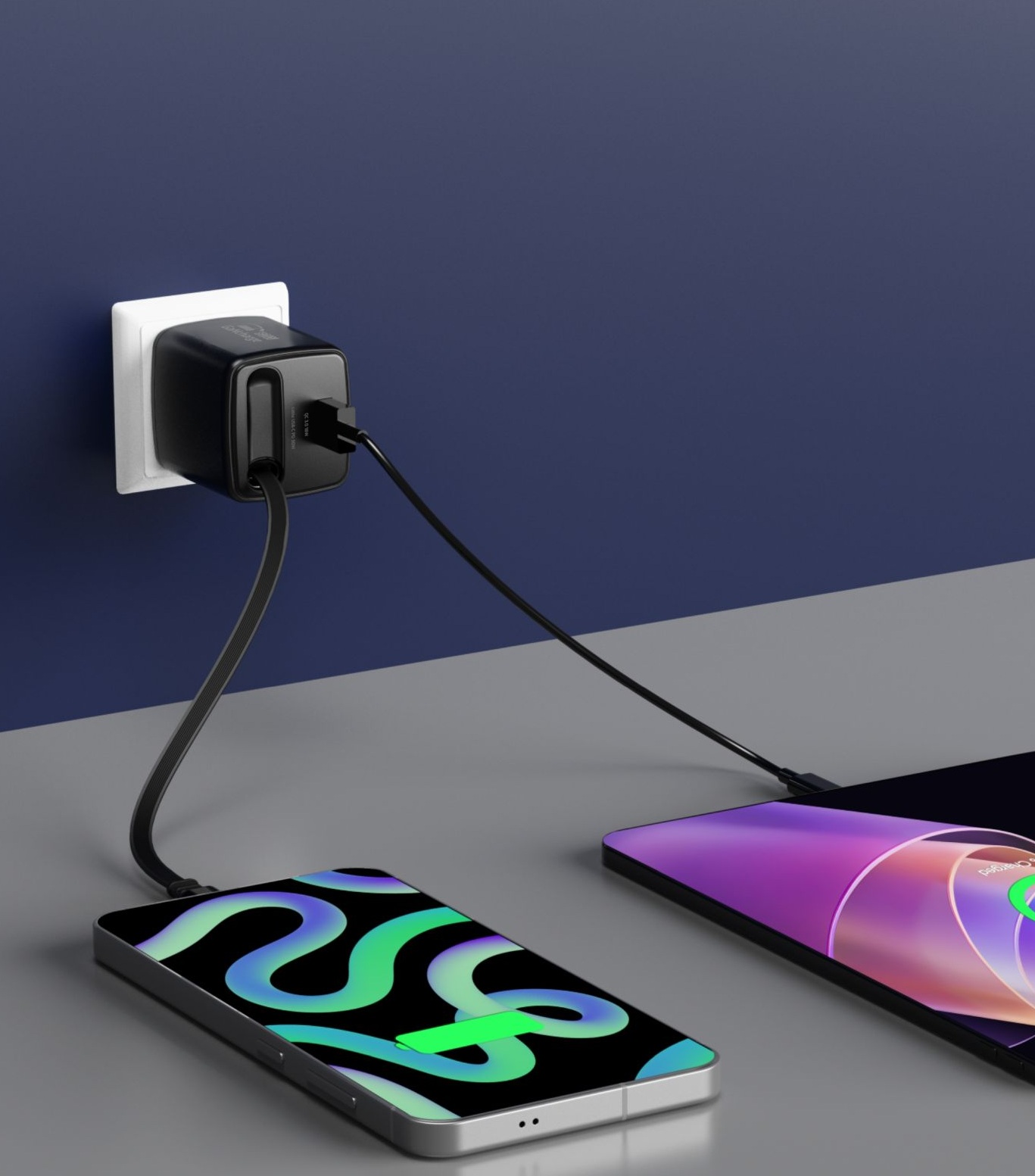 SWISSTEN Síťová nabíječka SlideCharge GaN 45W + USB-A 18W se zatahovacím USB-C kabelem 0,75m černá