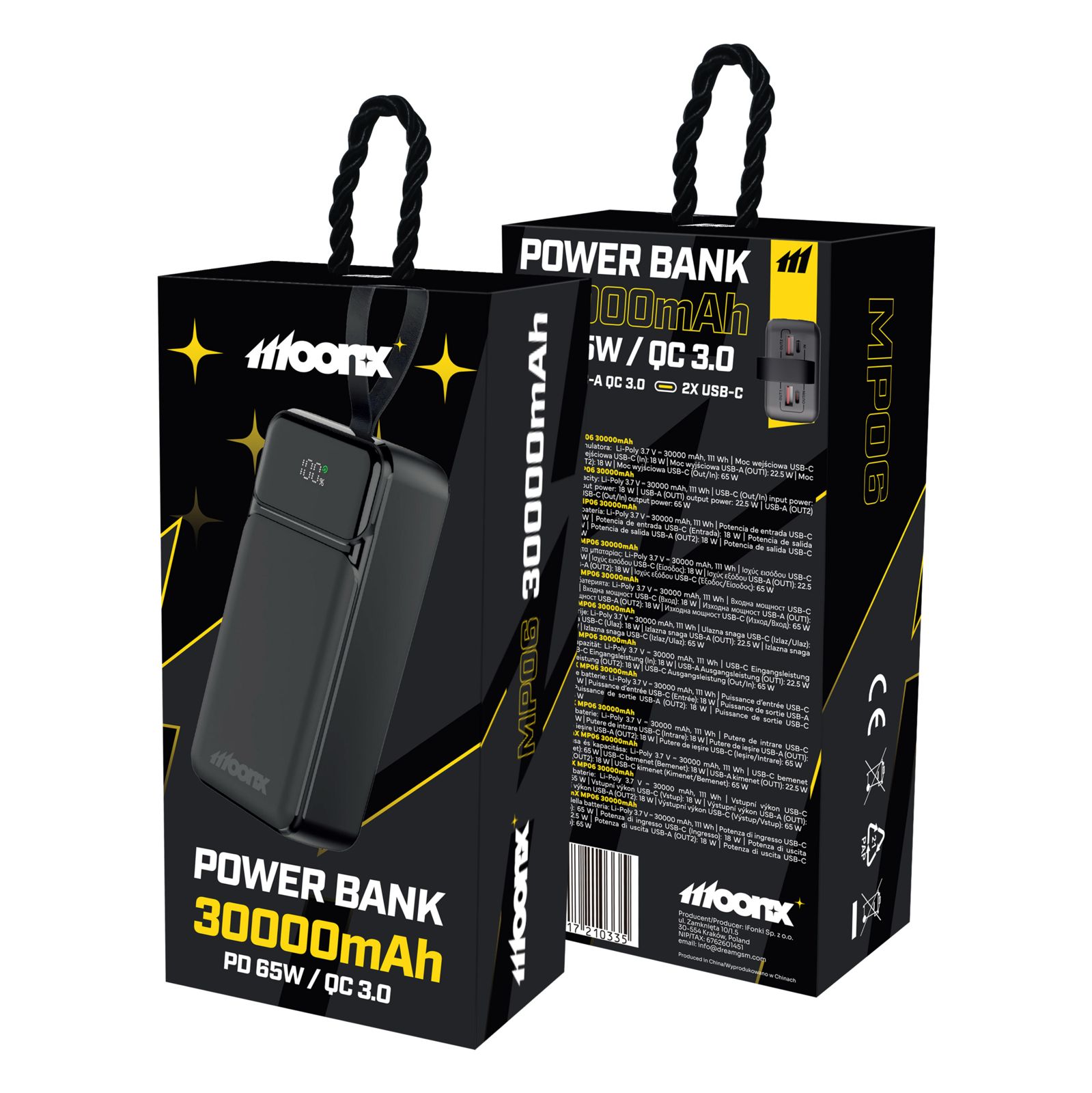 MOONX powerbanka MP06 PD 65W 2xUSB-C + 2xUSB QC3.0 22.5W 30000mAh černá