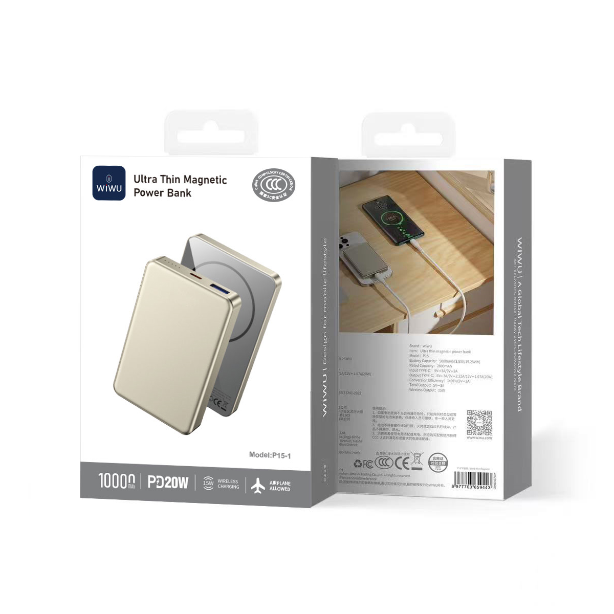 WiWU P15-1 Ultra Thin magnetická powerbanka 10000 mAh 20 W titanově šedá