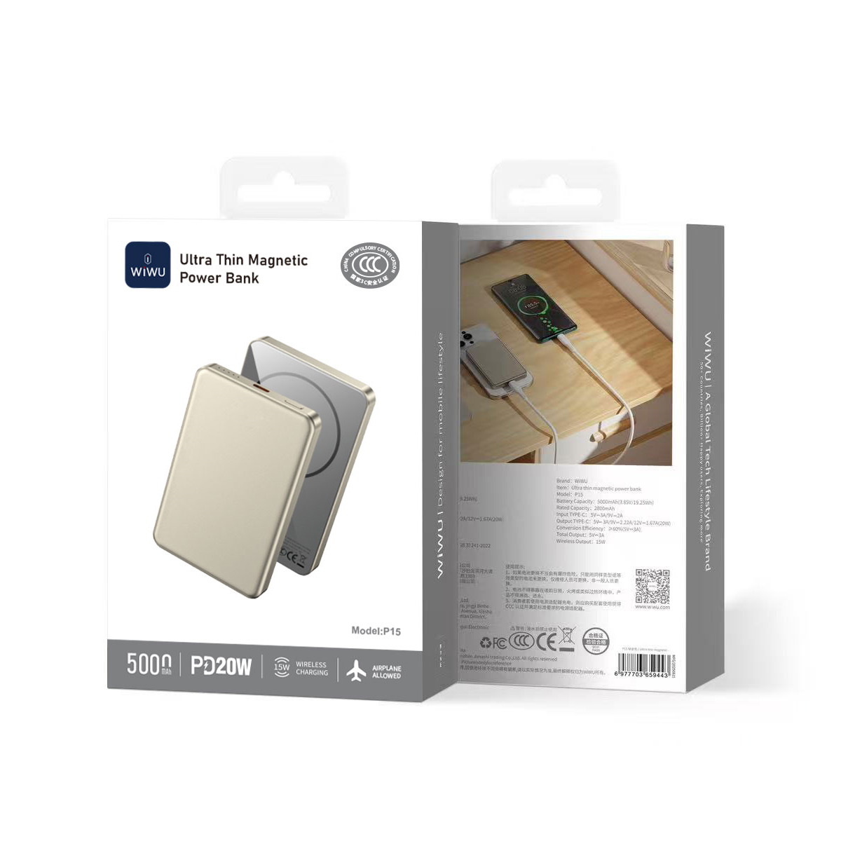 WiWU P15 Ultra Thin magnetická powerbanka 5000 mAh 20 W titanově šedá
