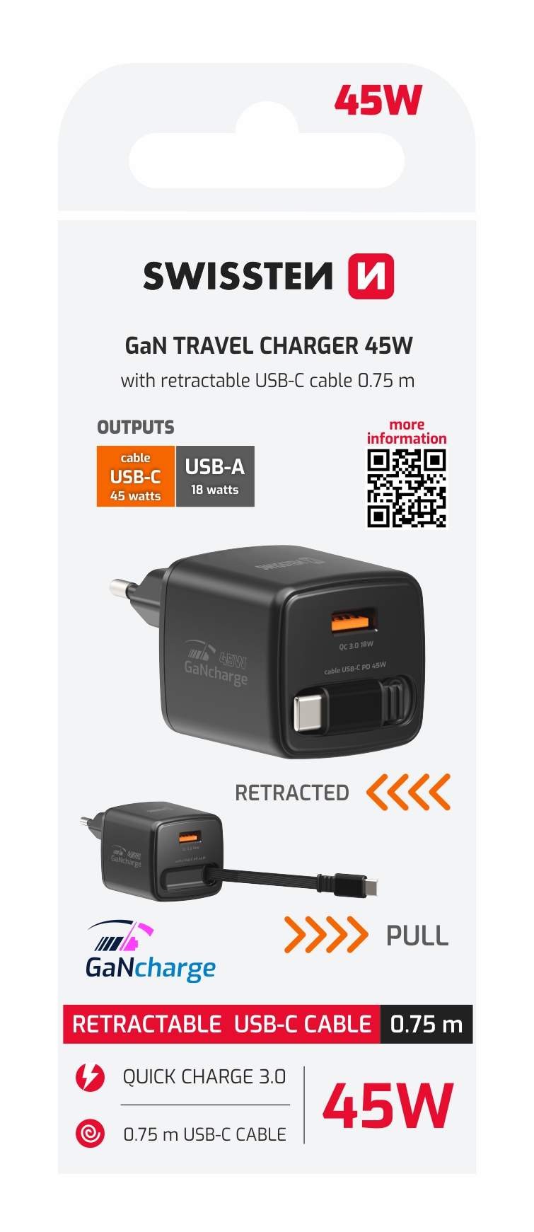 SWISSTEN Síťová nabíječka SlideCharge GaN 45W + USB-A 18W se zatahovacím USB-C kabelem 0,75m černá