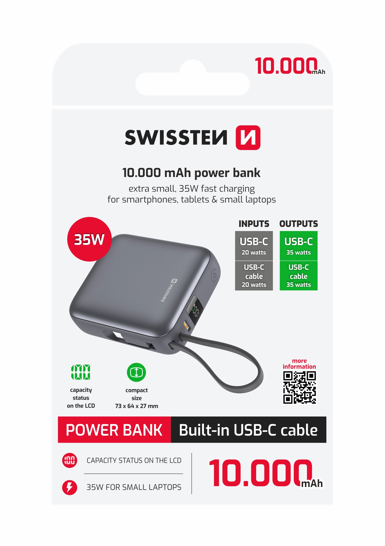 SWISSTEN Power Bank Space 10000mAh 35W s vestavěným USB-C kabelem stříbrný